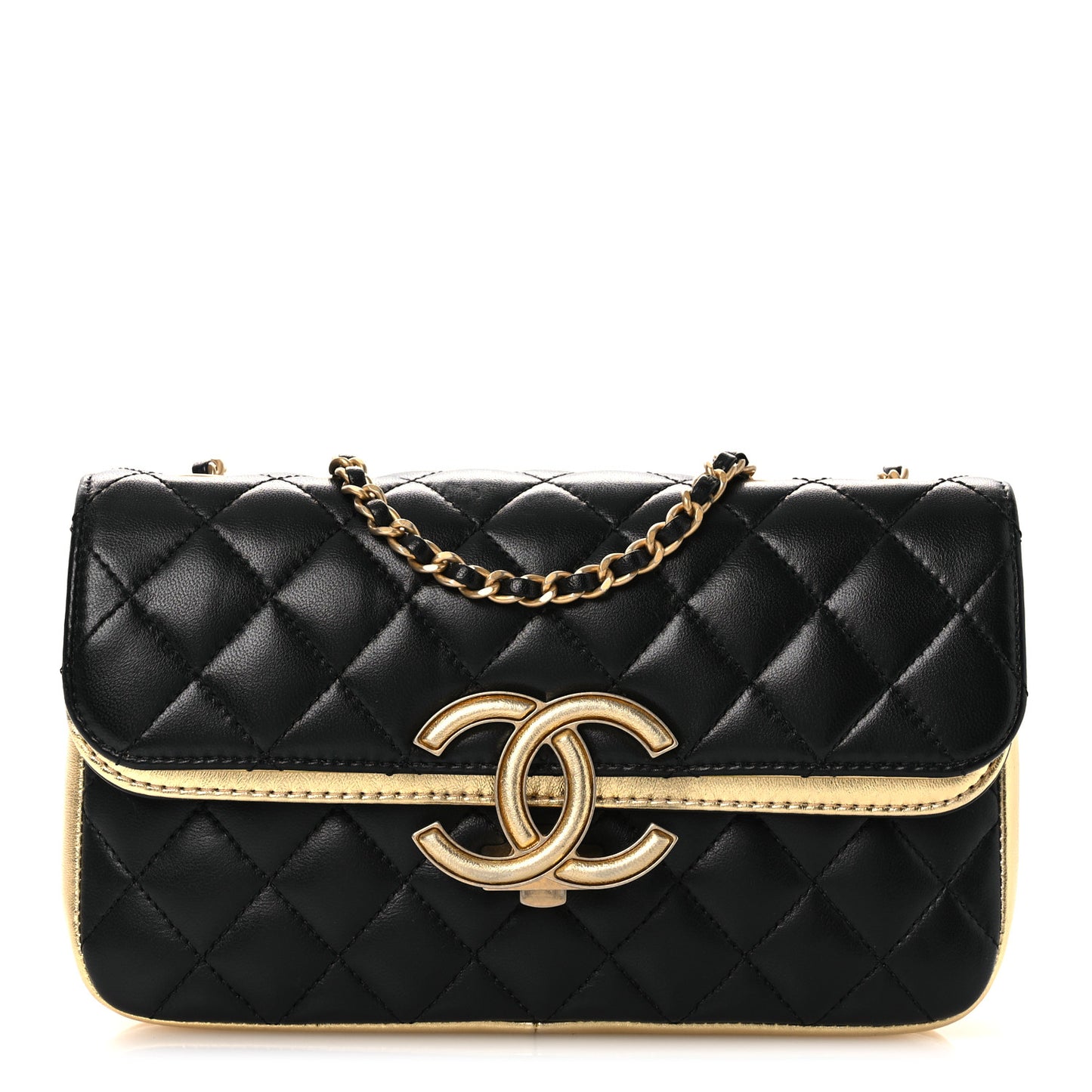 Lambskin Metallic Quilted Small CC Chic Double Flap Black Gold
