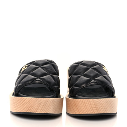 Chanel Lambskin Quilted CC Wedge Sandals 37 Black 2 of 9