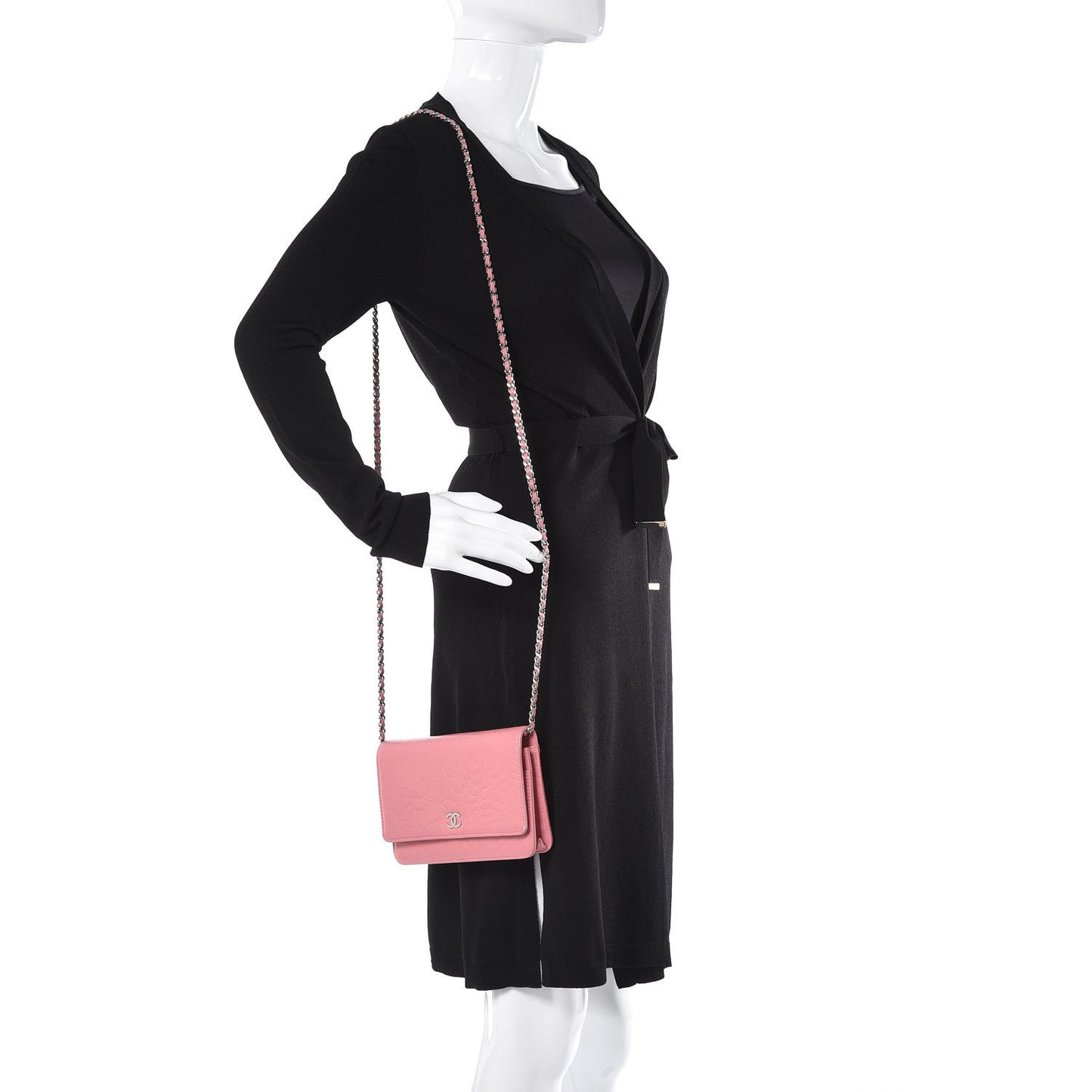 Lambskin Camellia Embossed Wallet On Chain WOC Pink