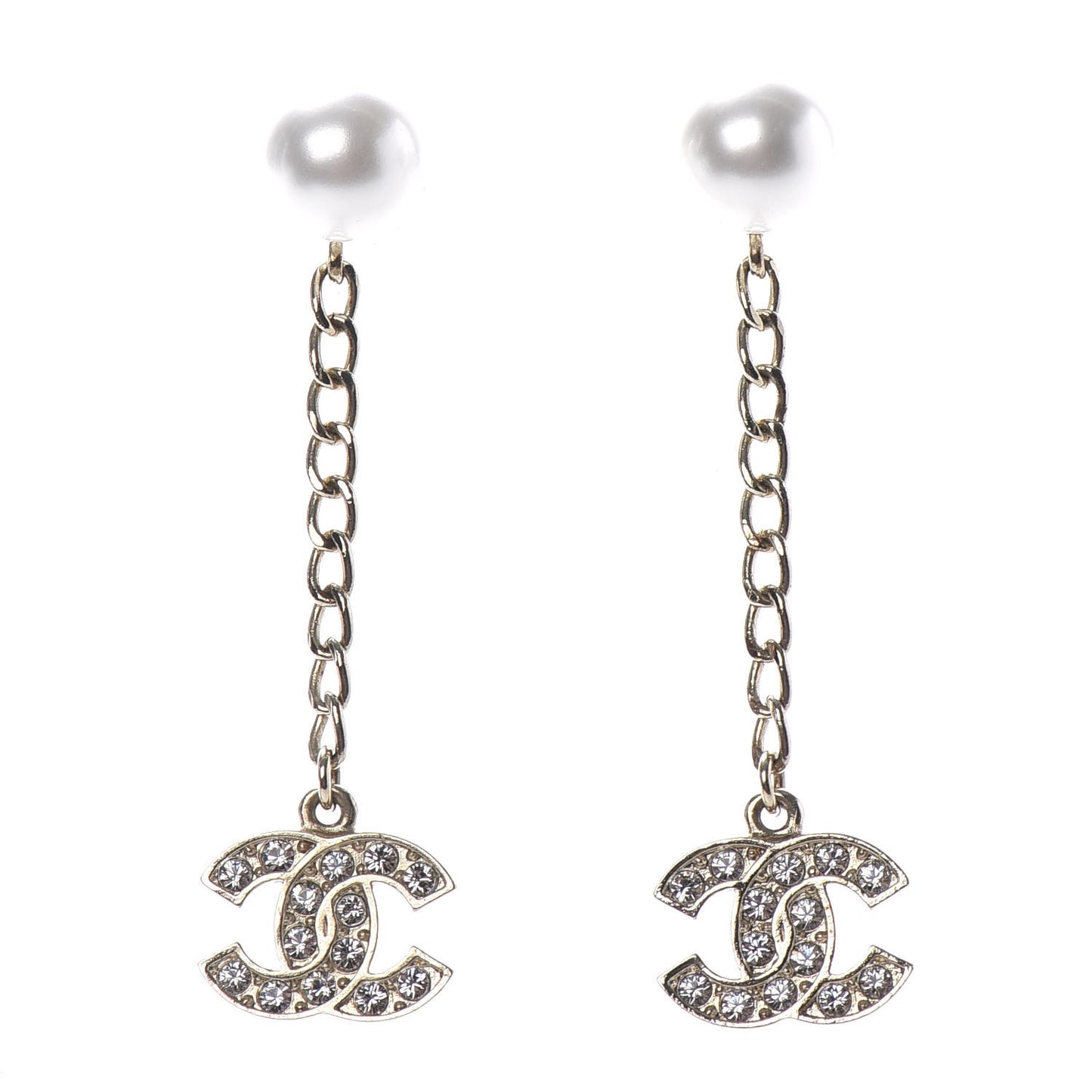 Pearl Crystal CC Long Drop Earrings Gold