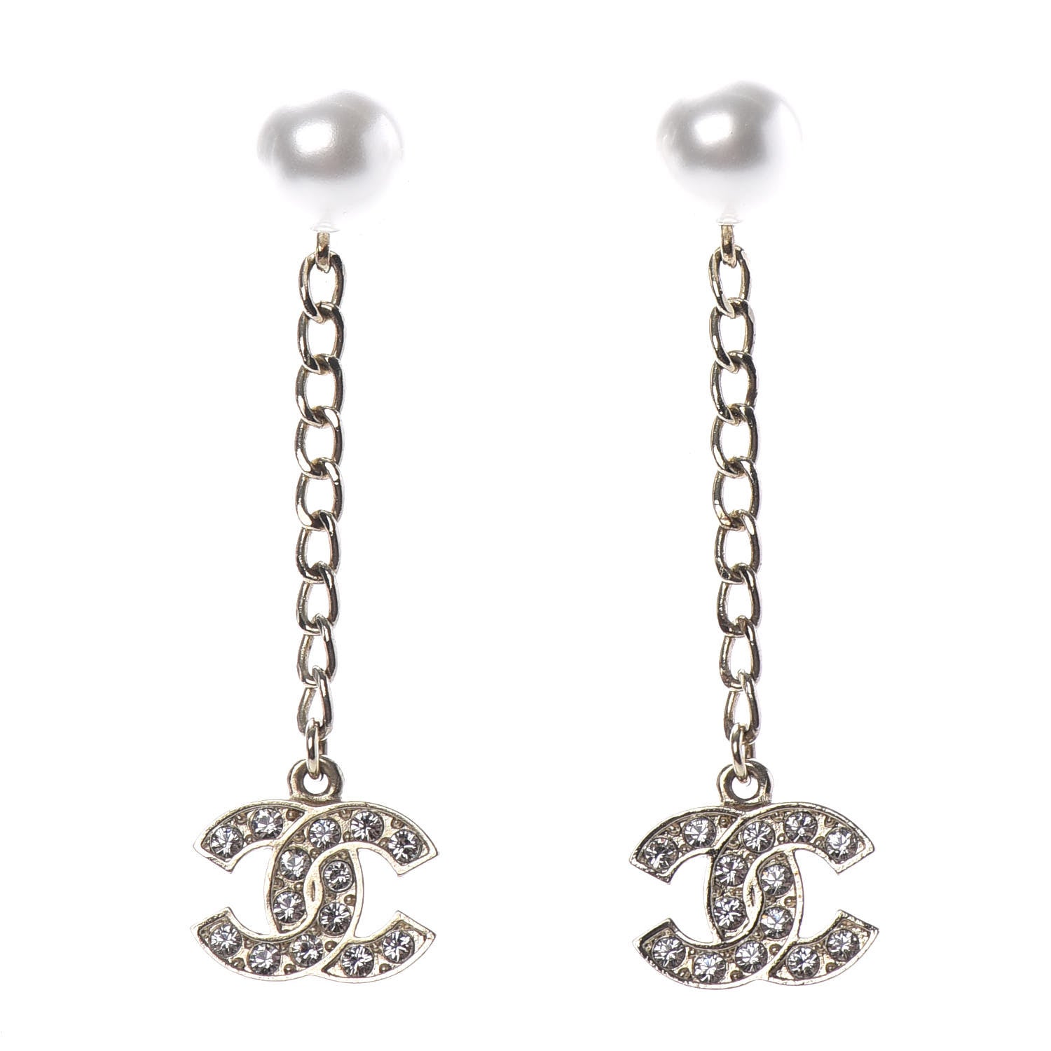 Chanel Pearl Crystal CC Long Drop Earrings Gold 1 of 4
