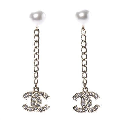 Chanel Pearl Crystal CC Long Drop Earrings Gold 1 of 4