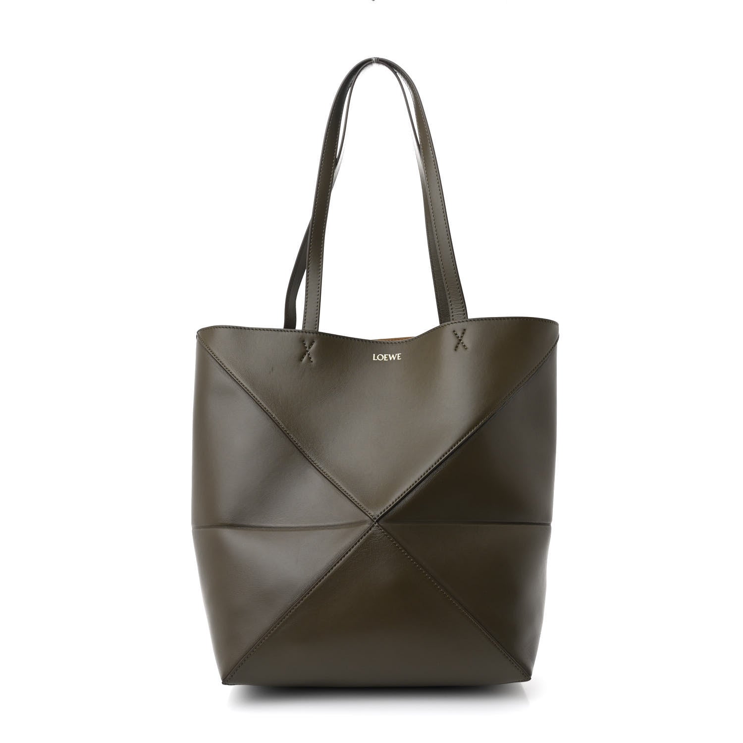 Loewe Shiny Calfskin Medium Puzzle Fold Tote Dark Khaki Green 1 of 9