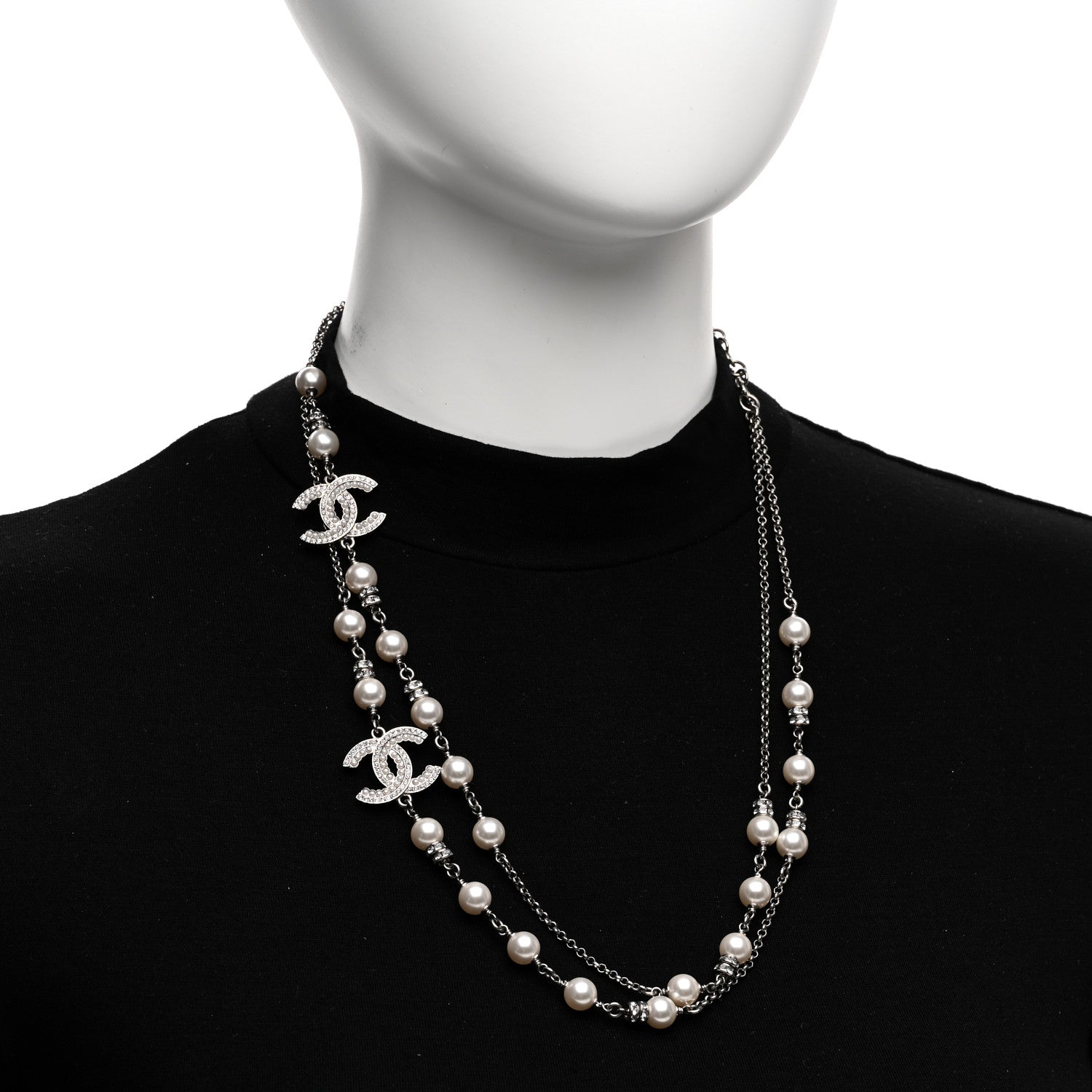 Chanel Pearl Crystal CC Necklace Silver 2 of 6