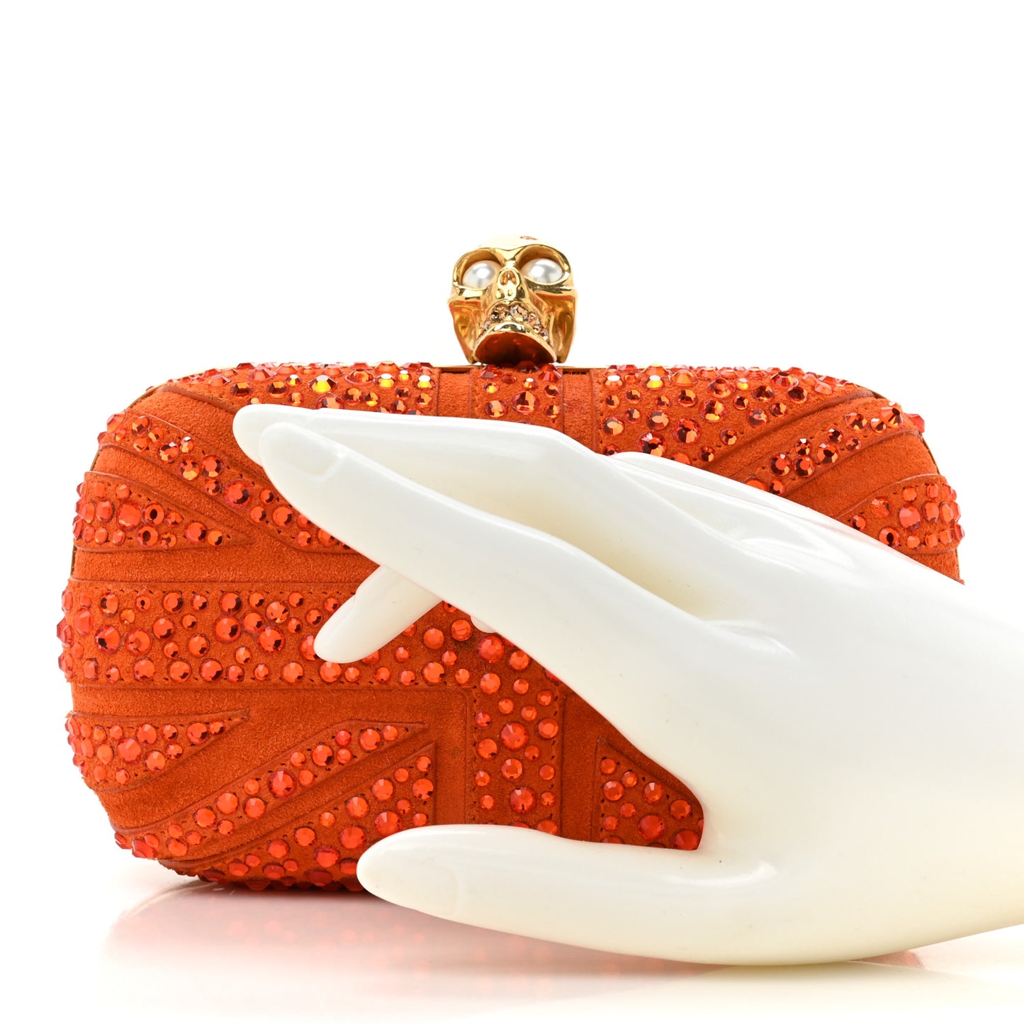 Suede Crystal Britannia Skull Box Clutch Orange
