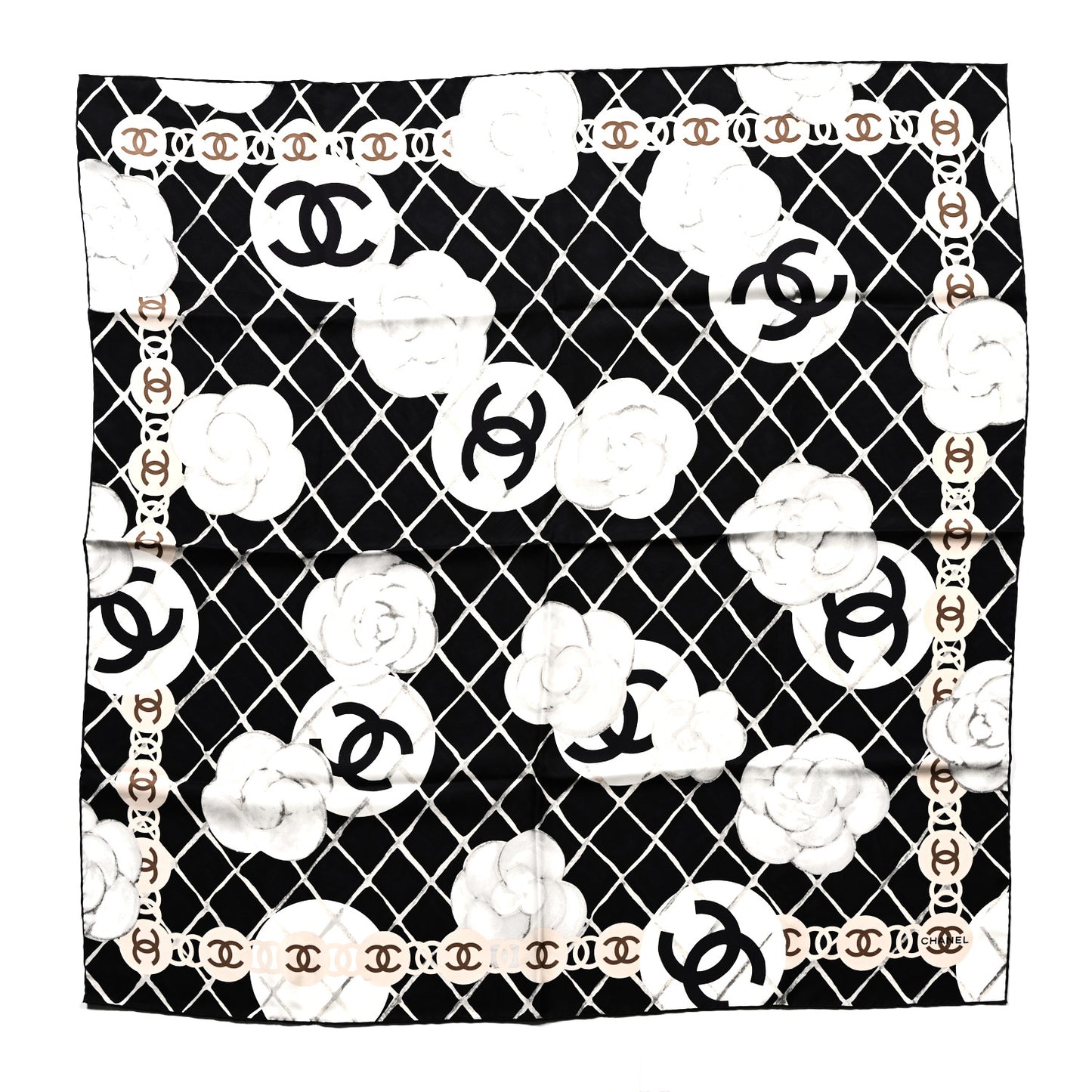 Silk Camellia CC Square Scarf Black