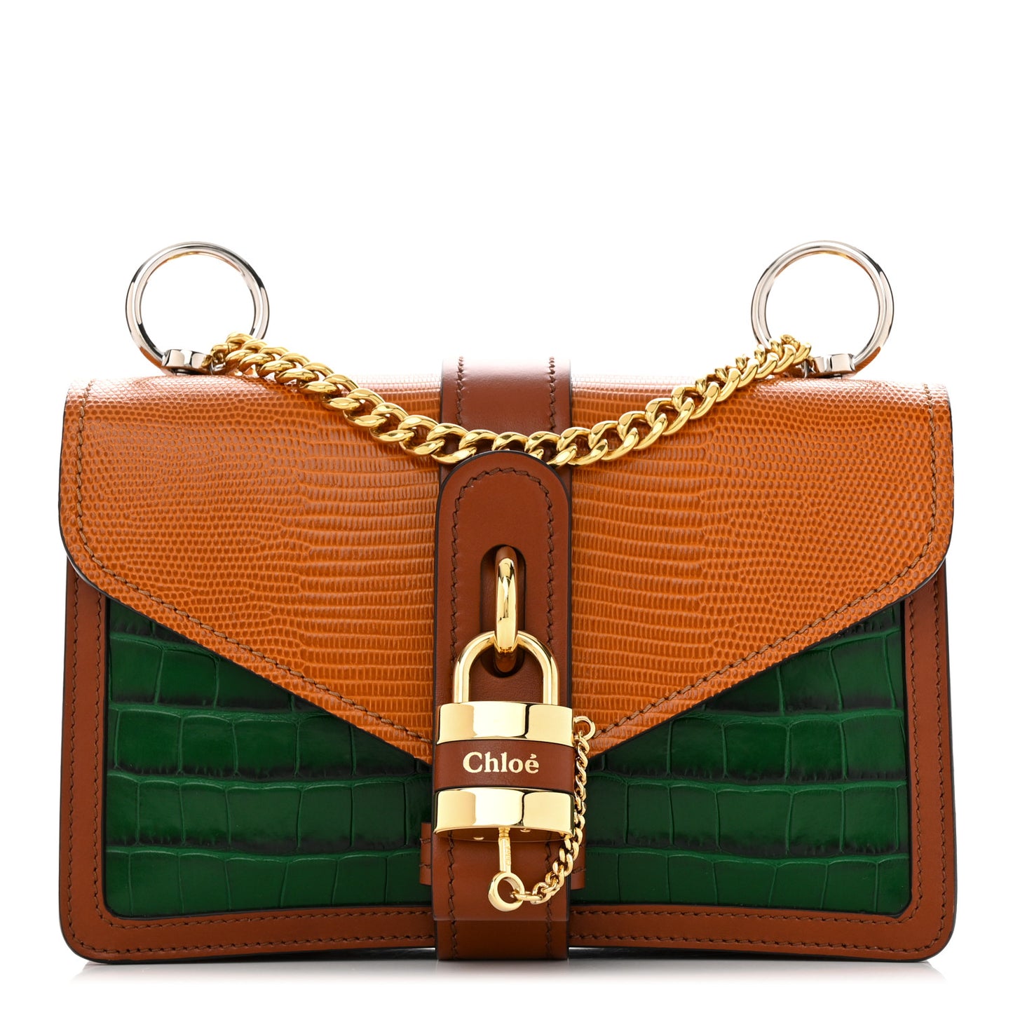 Calfskin Lizard Crocodile Embossed Aby Chain Shoulder Bag Brown Green