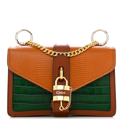 Chloe Calfskin Lizard Crocodile Embossed Aby Chain Shoulder Bag Brown Green 1 of 13