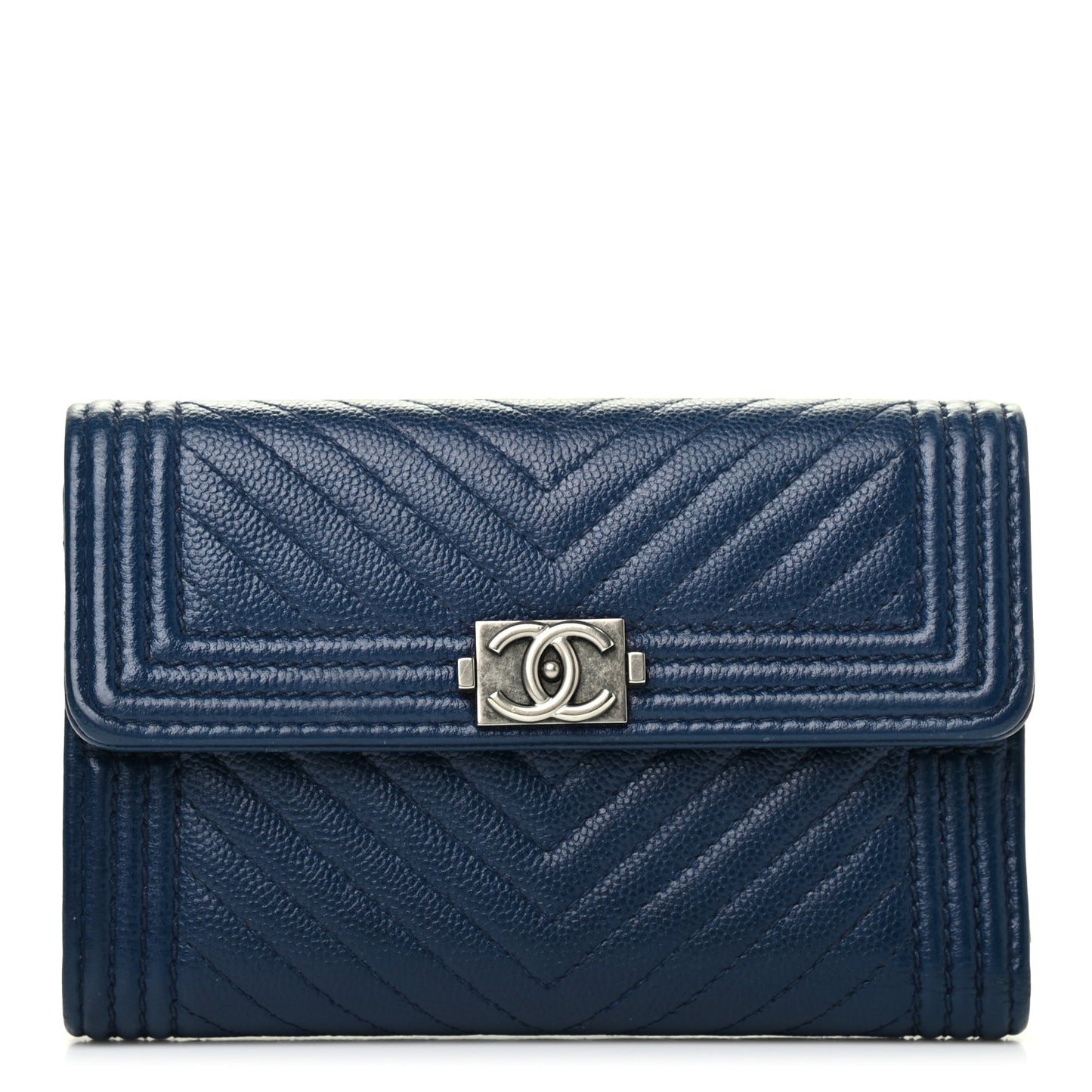 Caviar Chevron Quilted Medium Boy Flap Wallet Navy