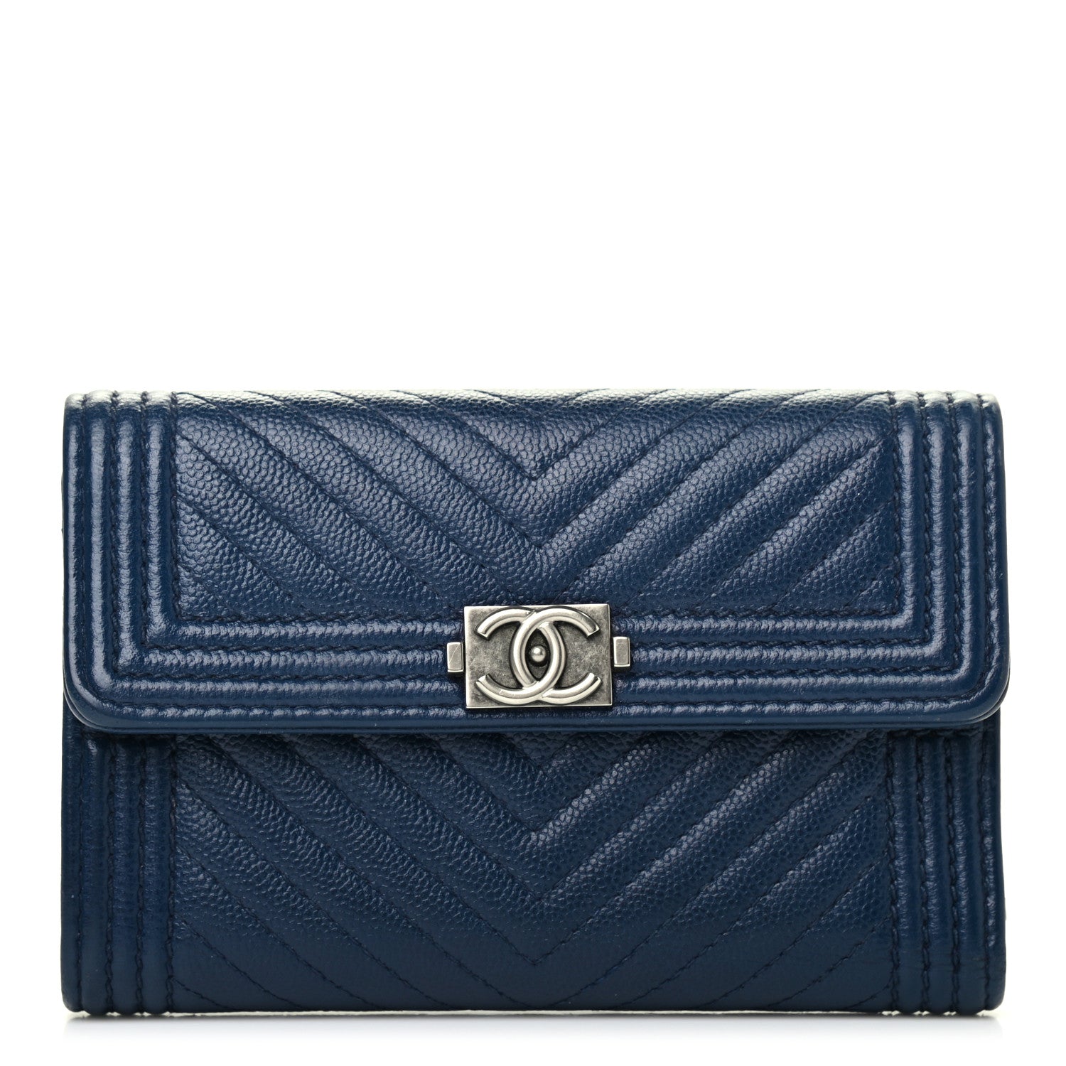 Chanel Caviar Chevron Quilted Medium Boy Flap Wallet Navy 1 of 8
