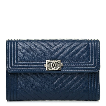 Chanel Caviar Chevron Quilted Medium Boy Flap Wallet Navy 1 of 8