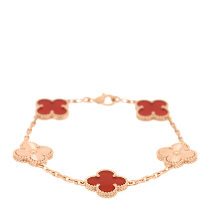 Van Cleef & Arpels 18K Rose Gold Carnelian 5 Motifs Guilloche Vintage Alhambra Bracelet 1 of 4