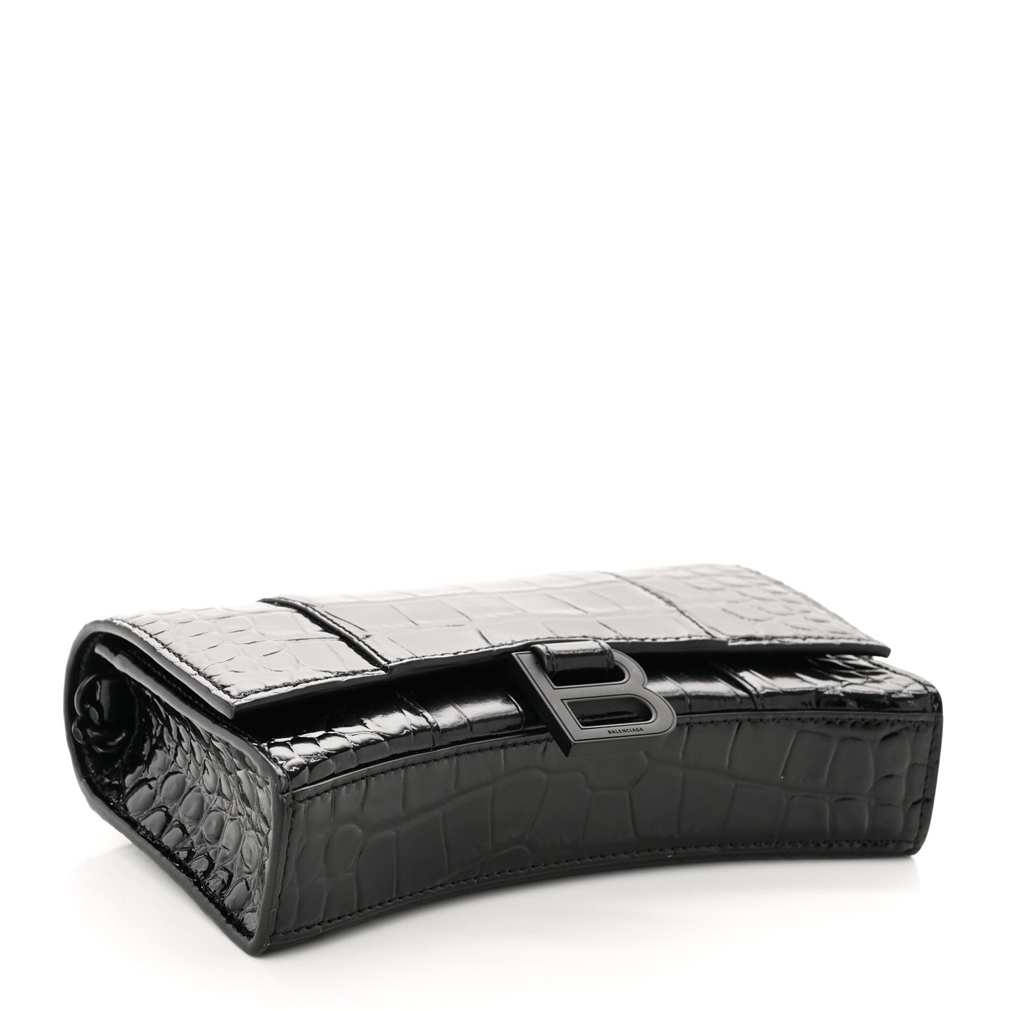 Shiny Calfskin Monochrome Crocodile Embossed Hourglass Chain Bag Black