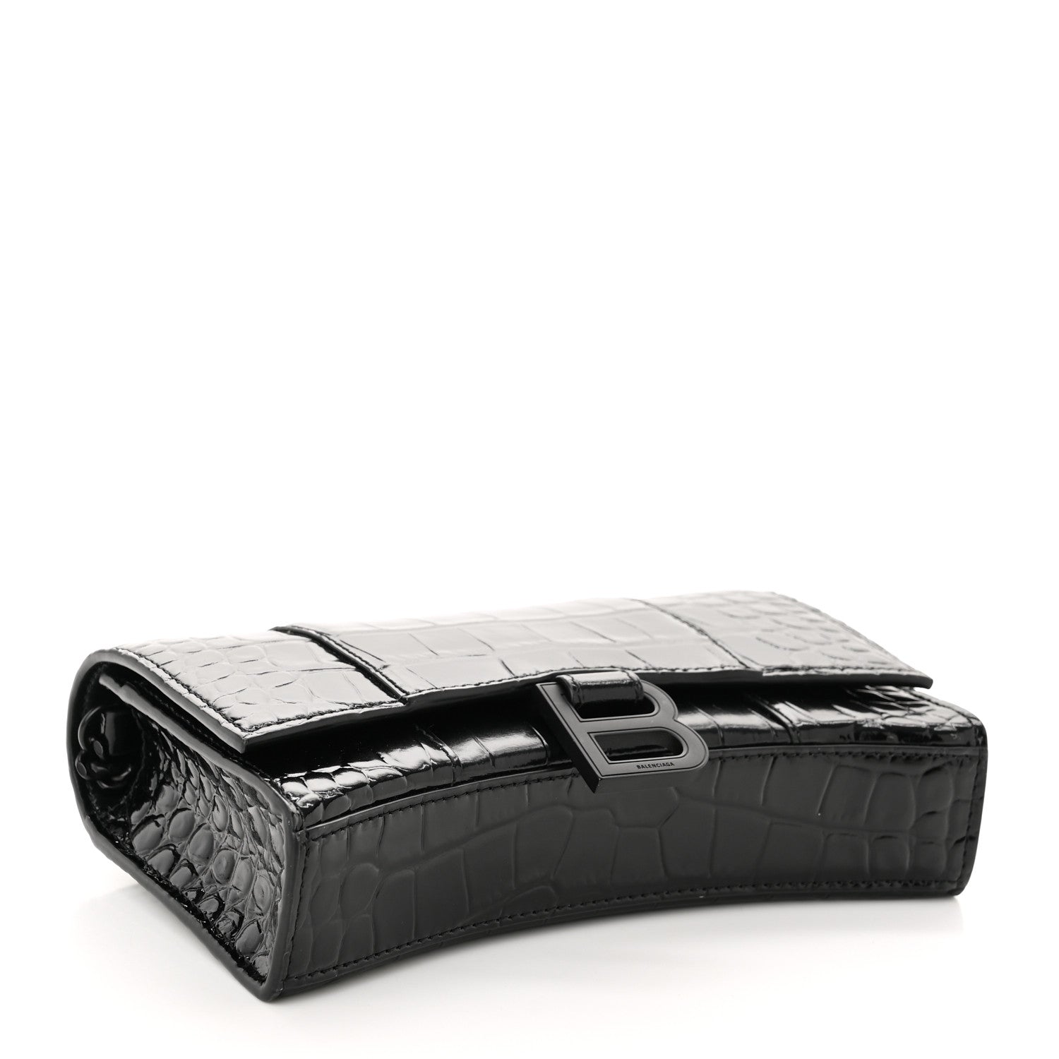 Balenciaga Shiny Calfskin Monochrome Crocodile Embossed Hourglass Chain Bag Black 4 of 9