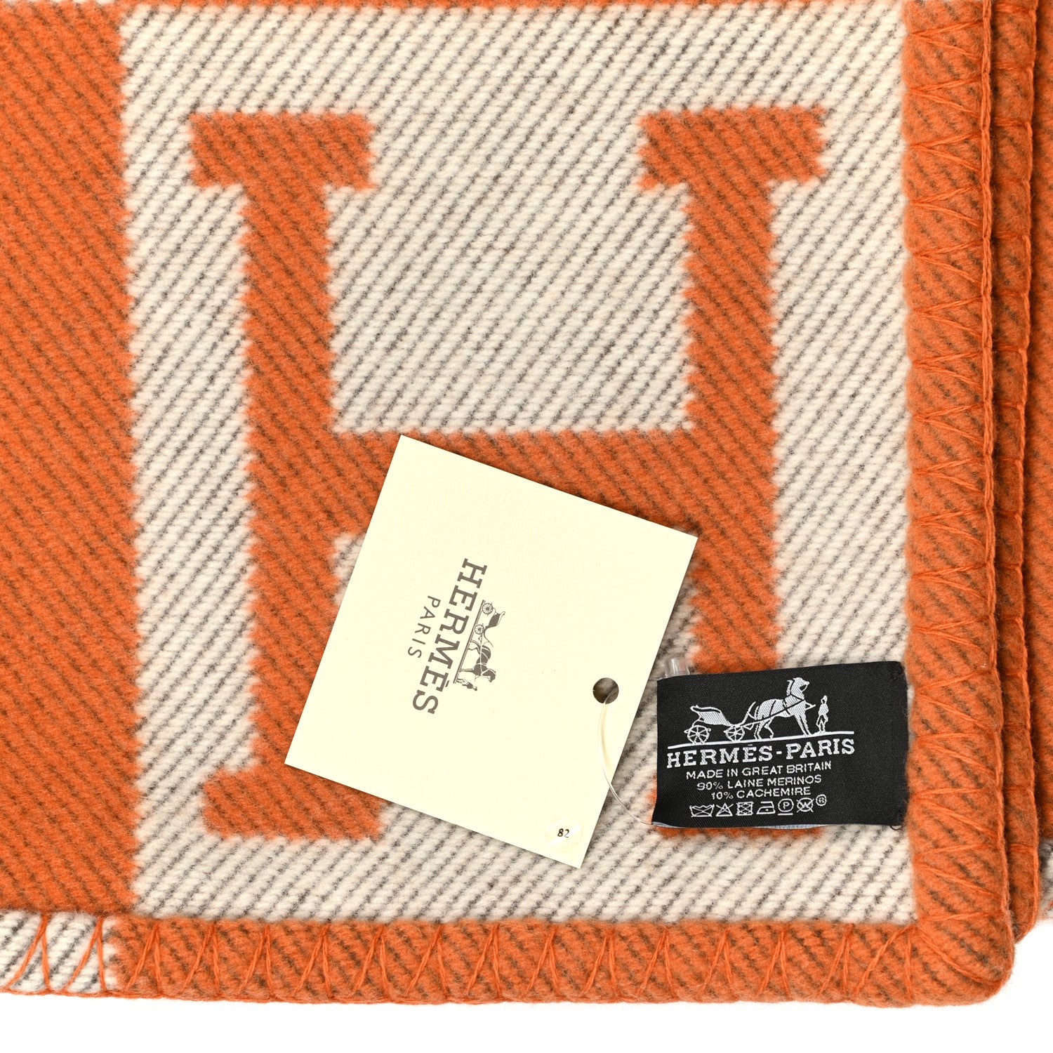 Hermes Wool Cashmere Signature Classic Avalon Blanket Ecru Potiron 3 of 3