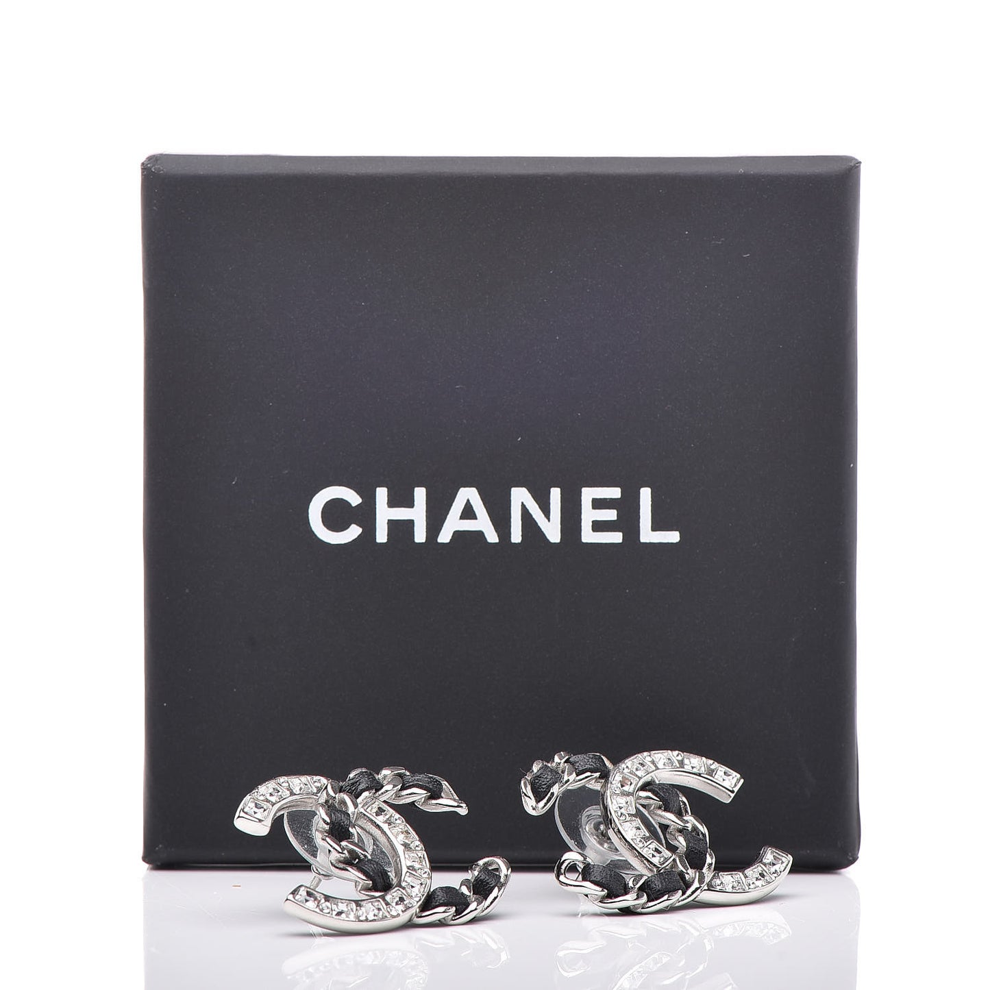 Crystal Baguette Lambskin Large CC Earrings Silver Black