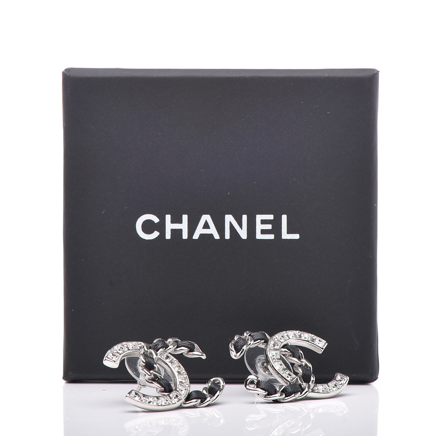 Chanel Crystal Baguette Lambskin Large CC Earrings Silver Black 5 of 5