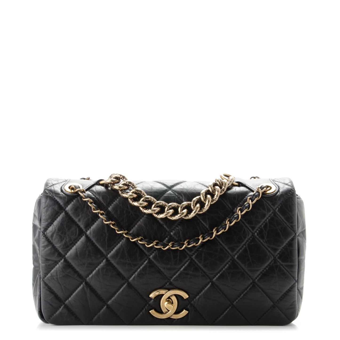 Aged Calfskin Quilted Medium Pondichery Flap Black