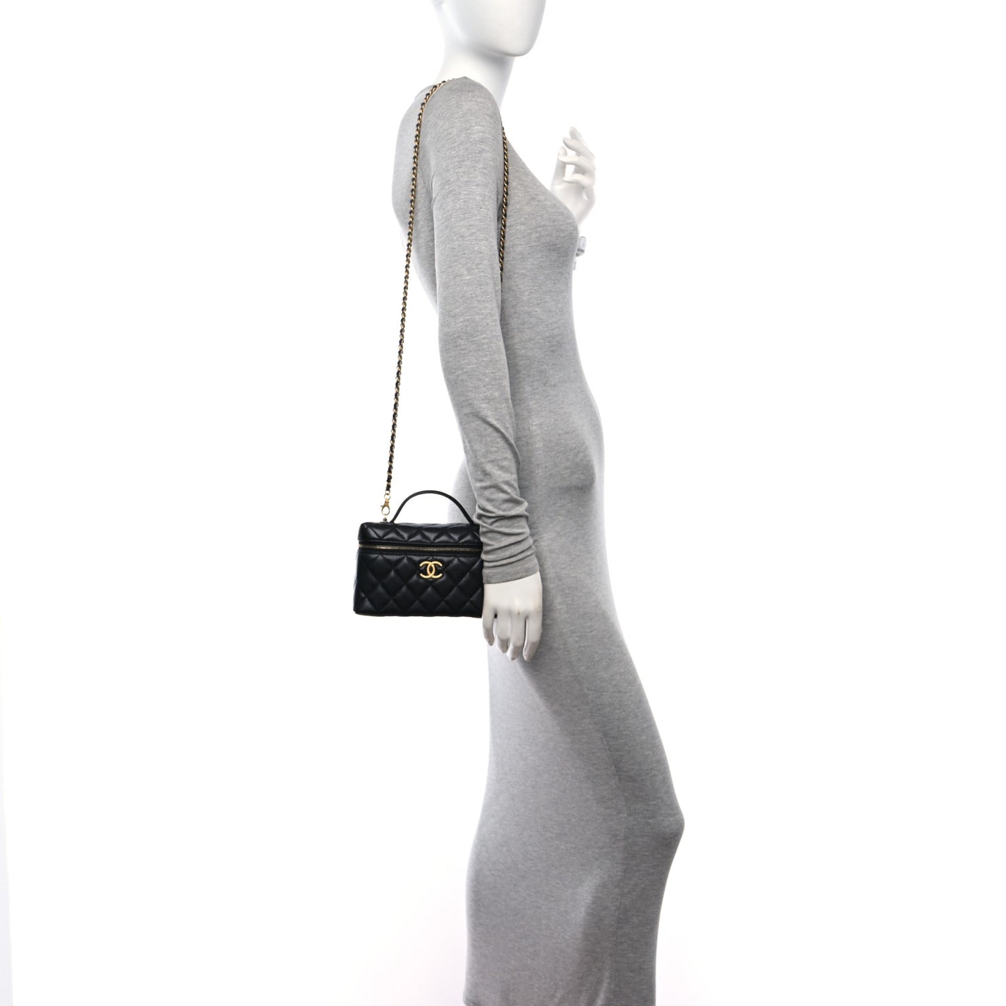 Caviar Quilted Top Handle Clutch With Chain Black