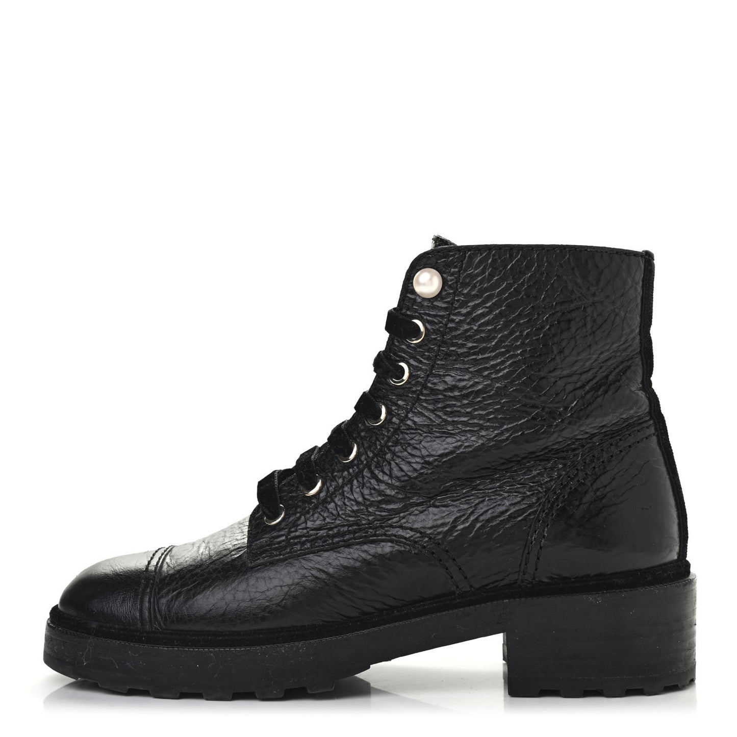 Calfskin Velvet Pearl Combat Short Boots 39.5 Black