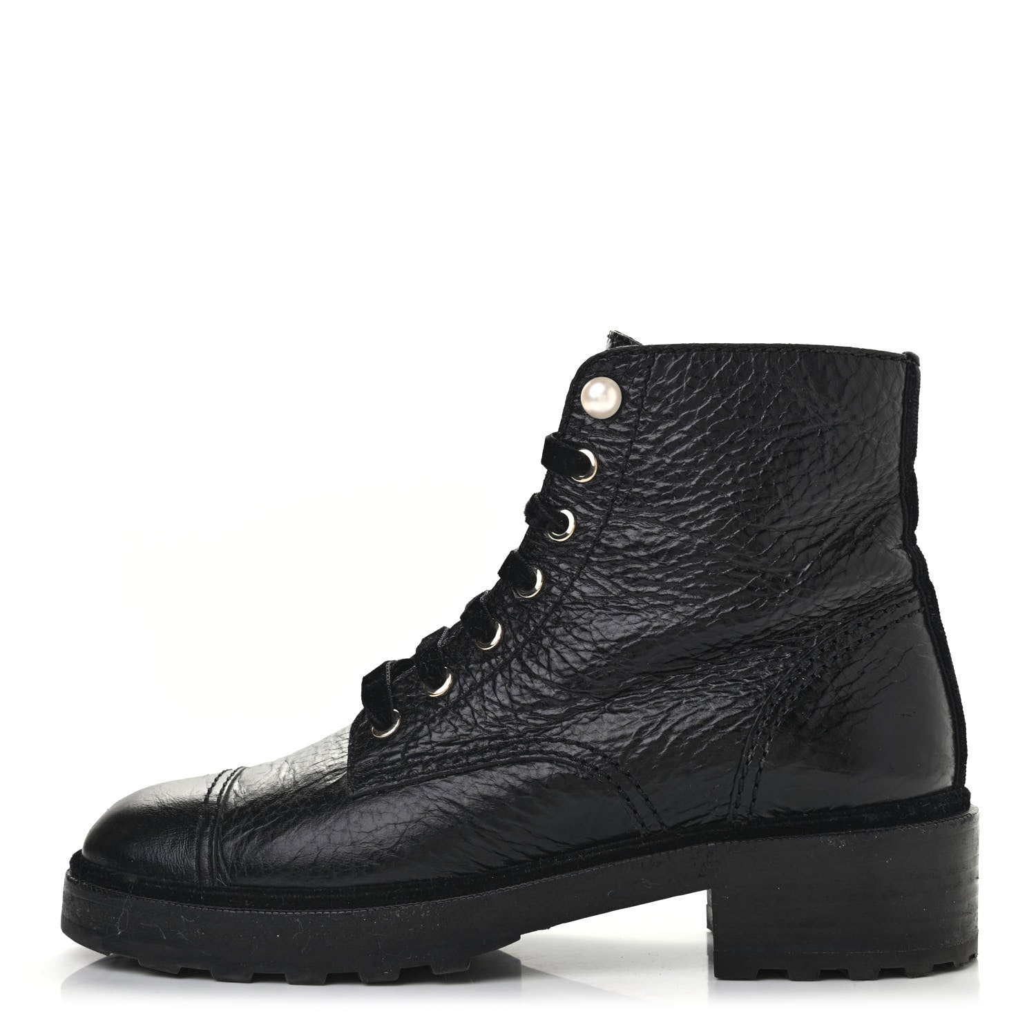 Chanel Calfskin Velvet Pearl Combat Short Boots 39.5 Black 1 of 11