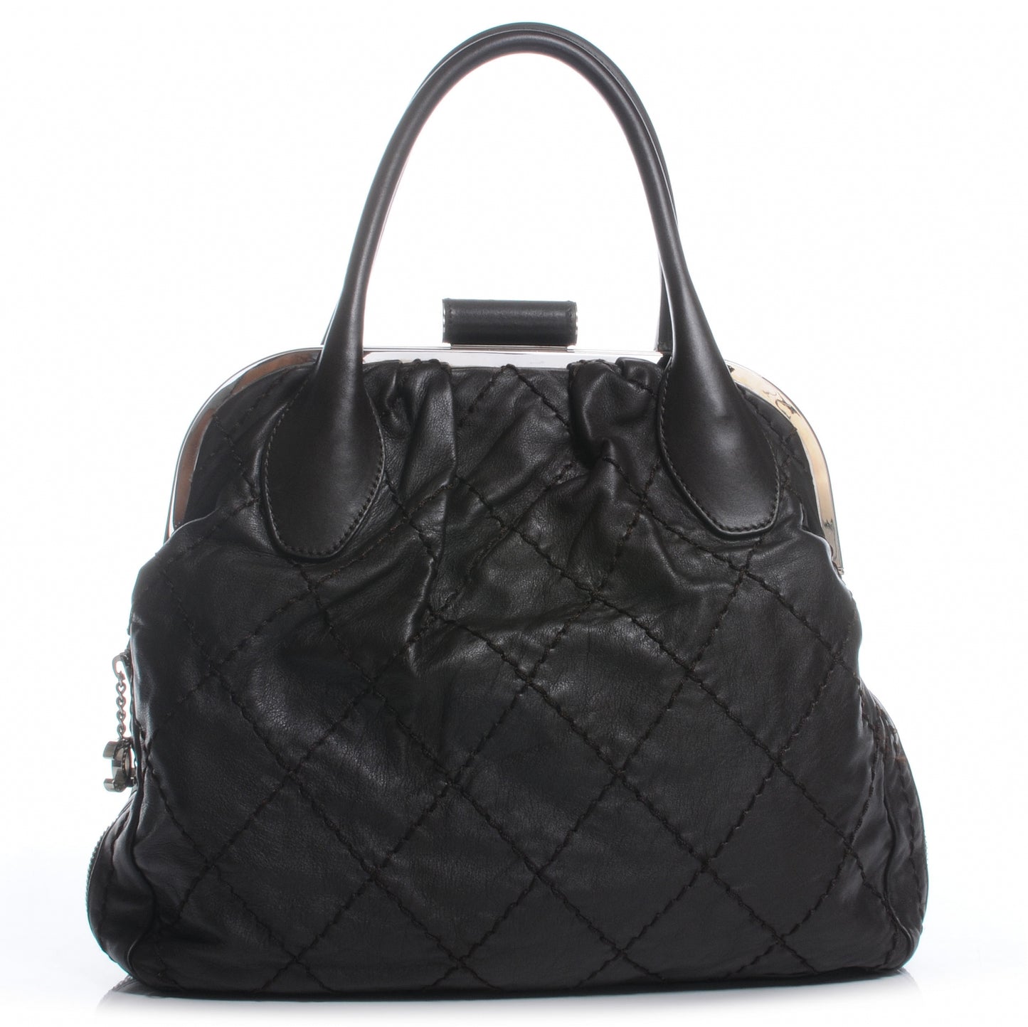 Lambskin Expandable Stitched Frame Top Bag Dark Brown
