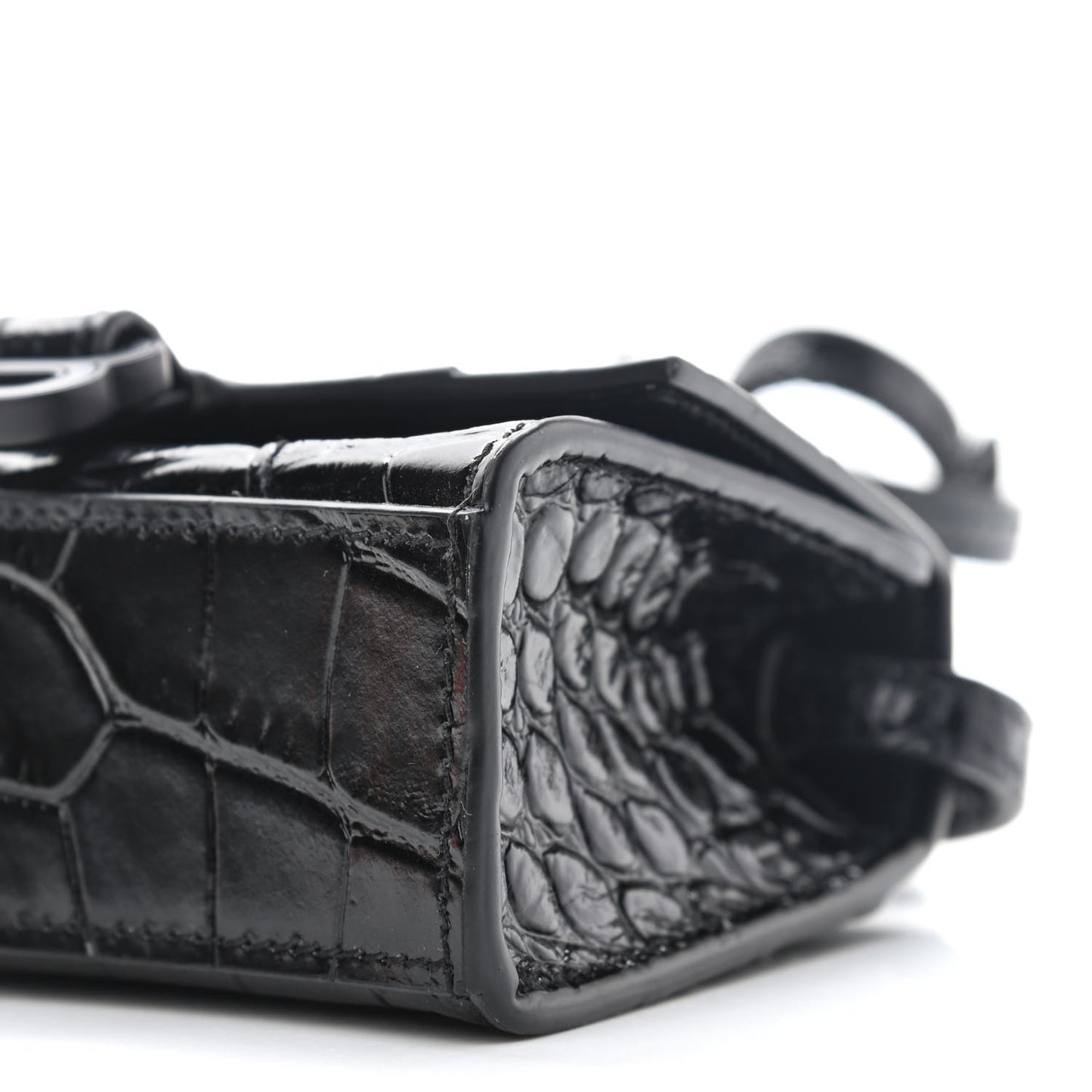 Shiny Calfskin Monochrome Crocodile Embossed Hourglass Top Handle Bag Mini Black