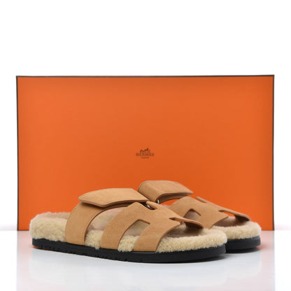 Hermes Suede Goatskin Woolskin Womens Chypre Sandals 37 Golden Beige 9 of 9
