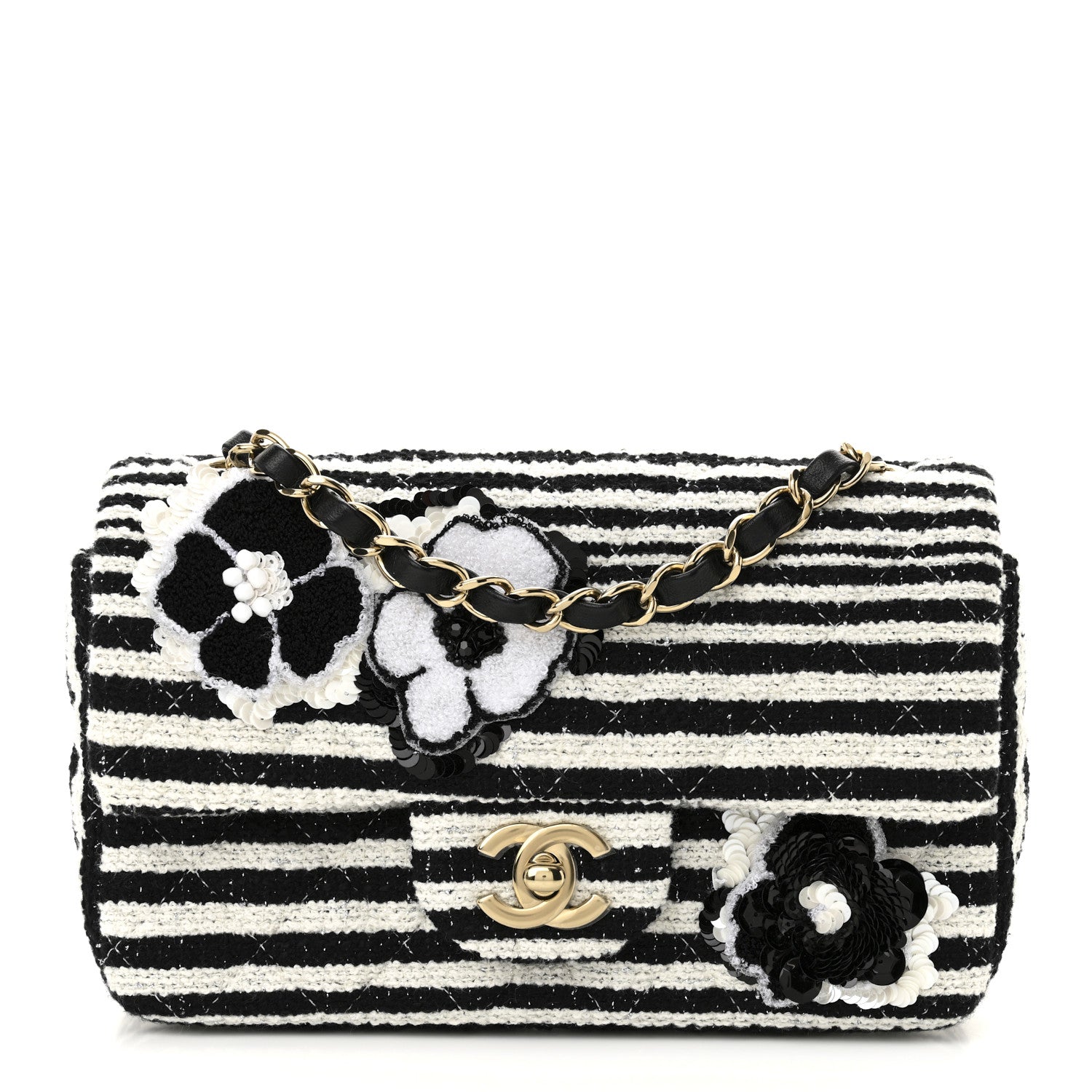 Chanel Striped Tweed Sequin Quilted Camellia Embellished Mini Rectangular Flap Ecru Black 1 of 11