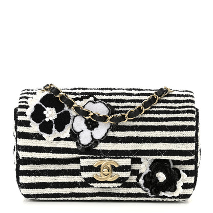 Chanel Striped Tweed Sequin Quilted Camellia Embellished Mini Rectangular Flap Ecru Black 1 of 11