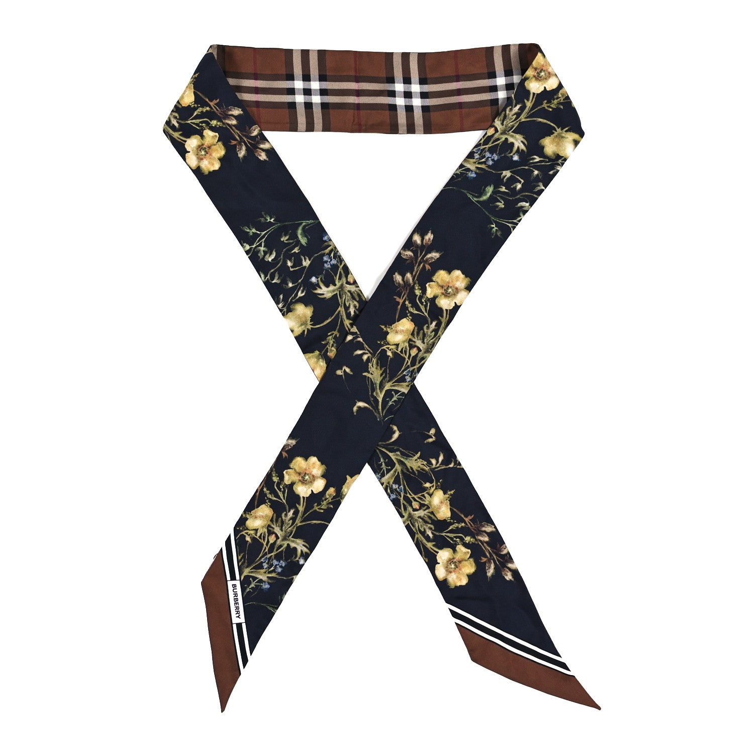 Burberry Silk Floral Print Watercolour Reversible Skinny Scarf Black 1 of 4