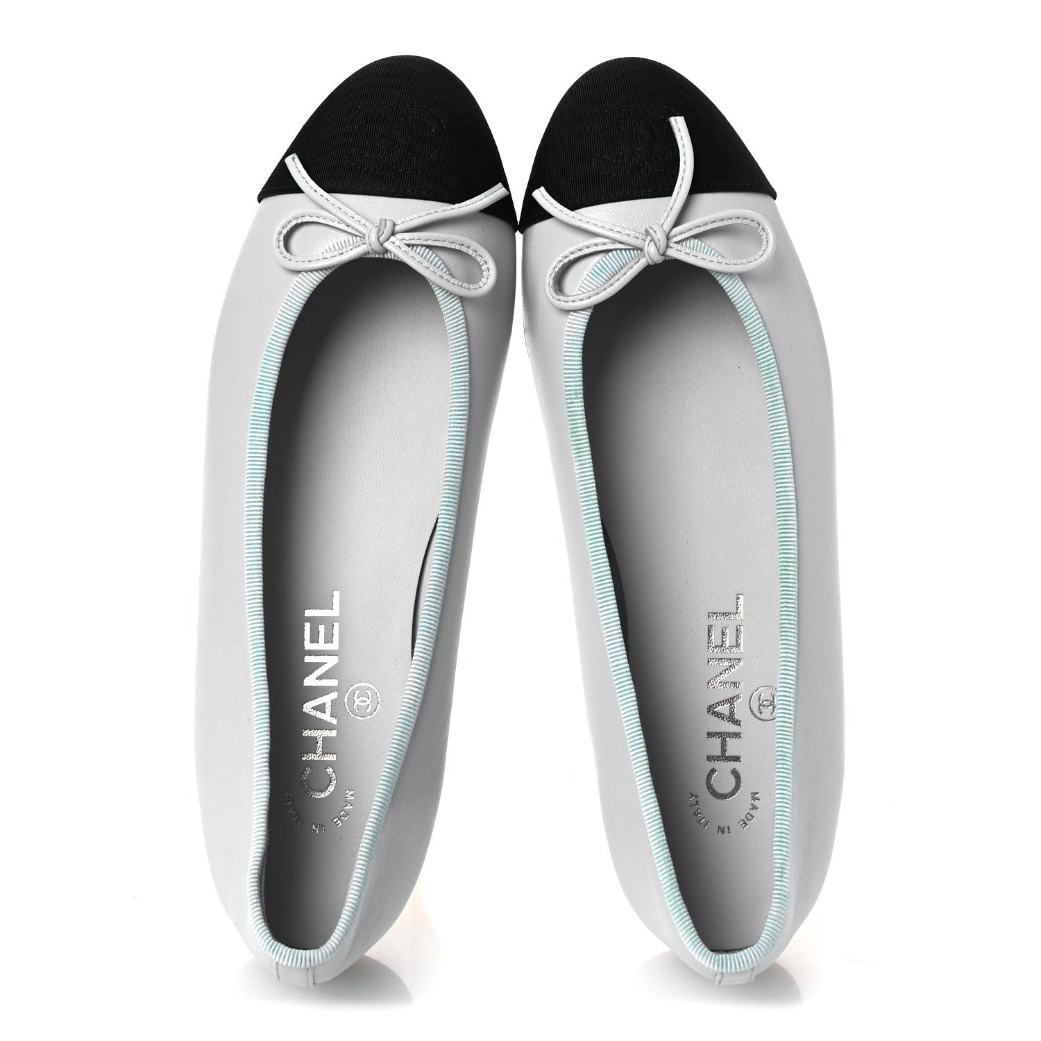 Chanel Lambskin Grosgrain Cap Toe CC Ballerina Flats 37 Light Blue Black 6 of 13