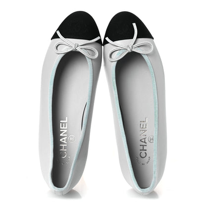 Chanel Lambskin Grosgrain Cap Toe CC Ballerina Flats 37 Light Blue Black 6 of 13