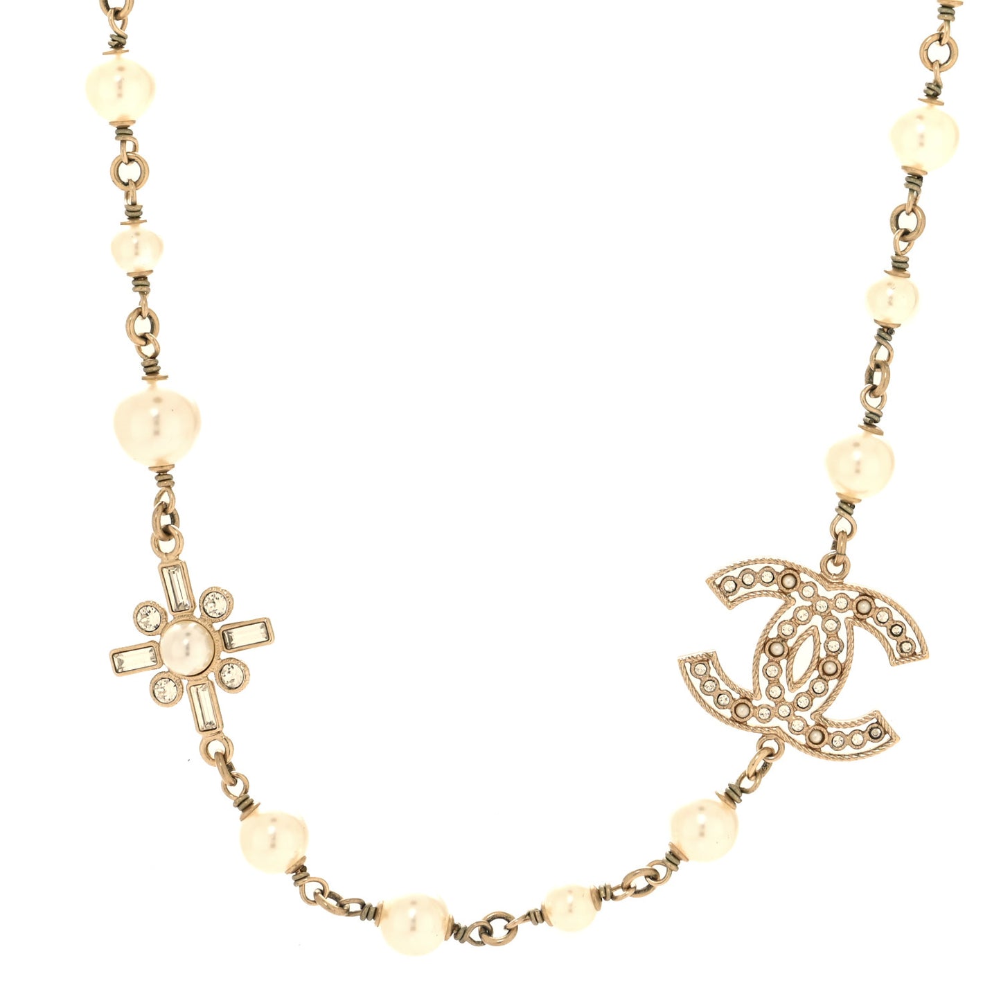 Crystal Baguette Pearl CC Cross Short Necklace Gold