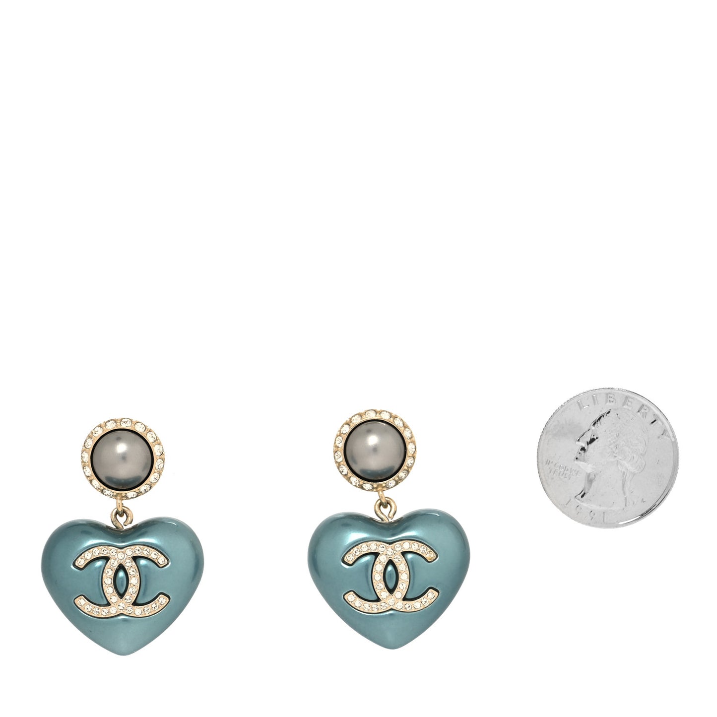 Pearl Crystal CC Heart Drop Earrings Blue