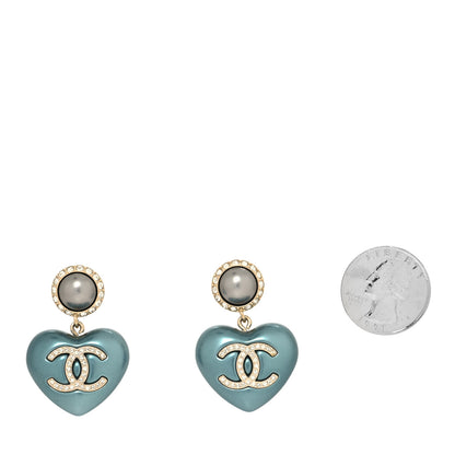Chanel Pearl Crystal CC Heart Drop Earrings Blue 2 of 4