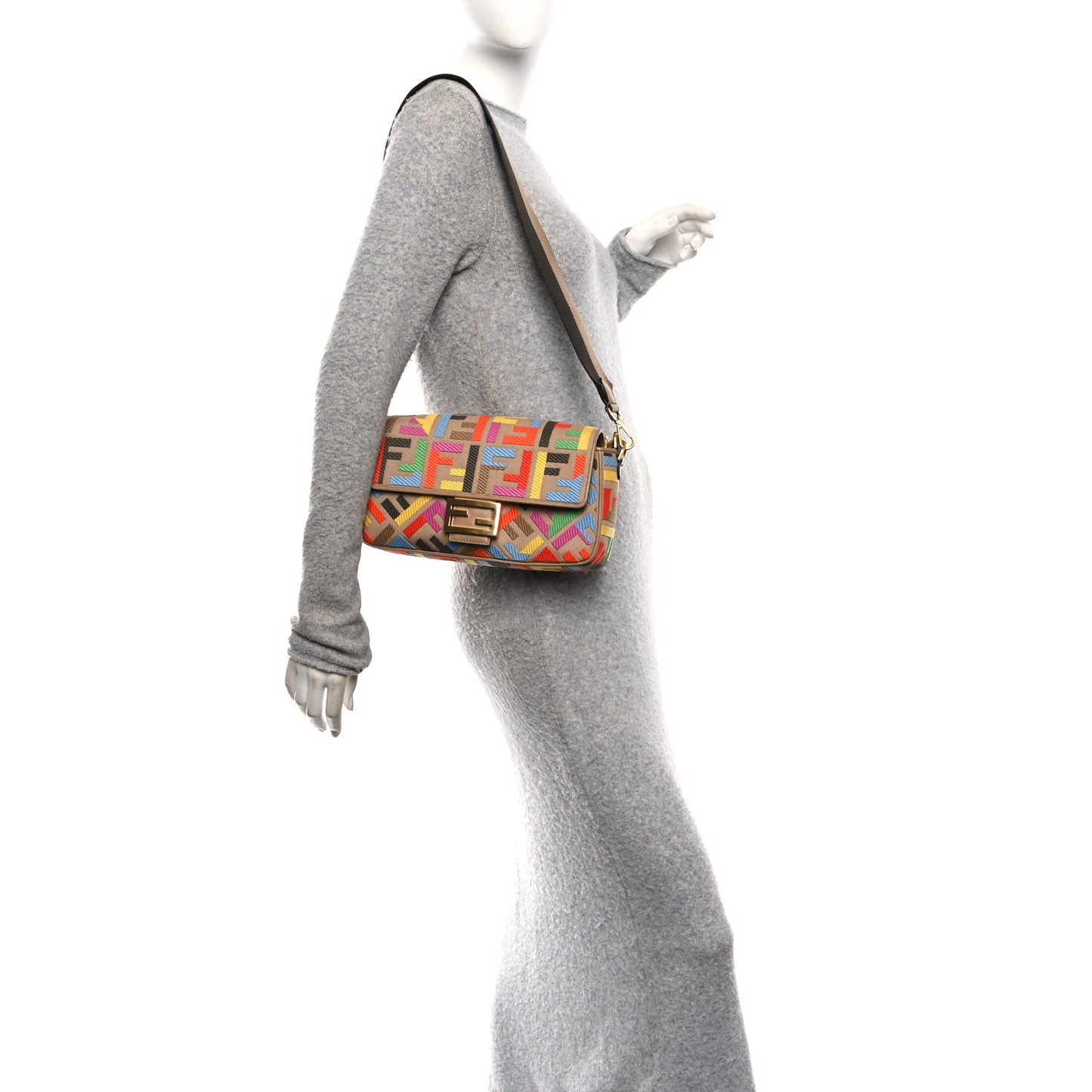Canvas Vitello King FF Multicolor Embroidered Baguette Multicolor Cuoio