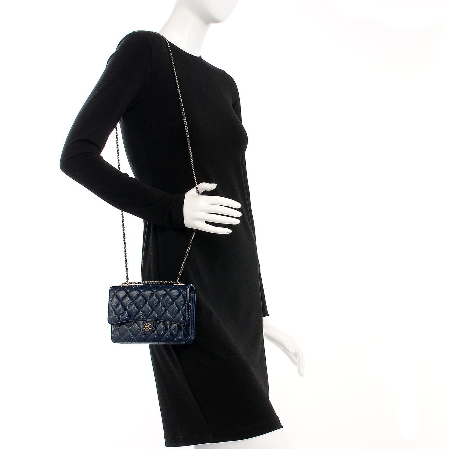 Patent Goatskin Quilted CC Eyelet Wallet On Chain WOC Blue