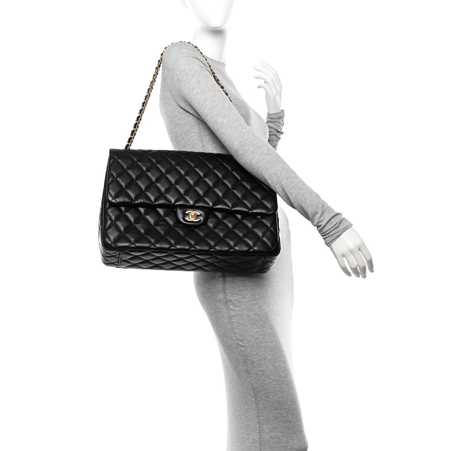 Grained Calfskin Quilted XXL Travel Flap Bag Black