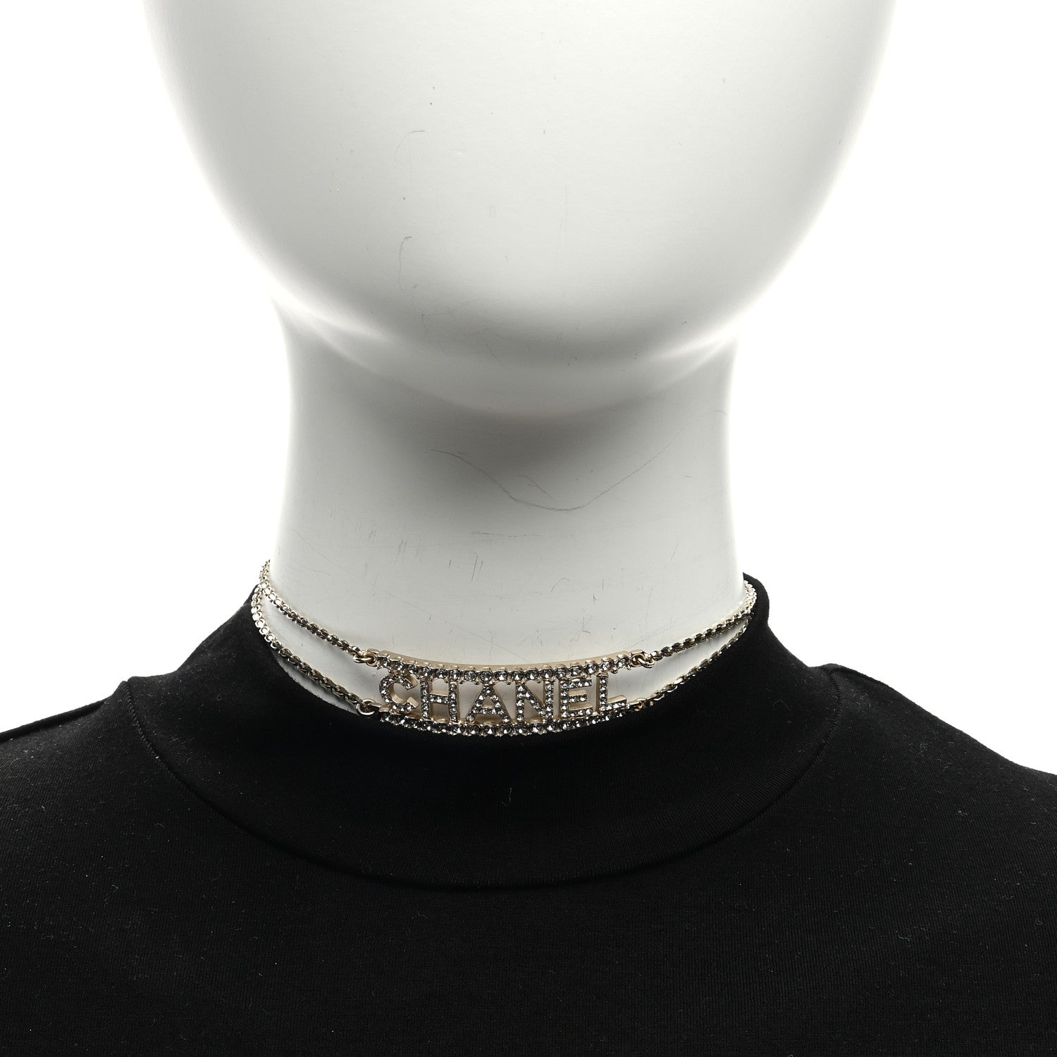Chanel Metal Crystal Logo Choker Necklace Gold 2 of 5