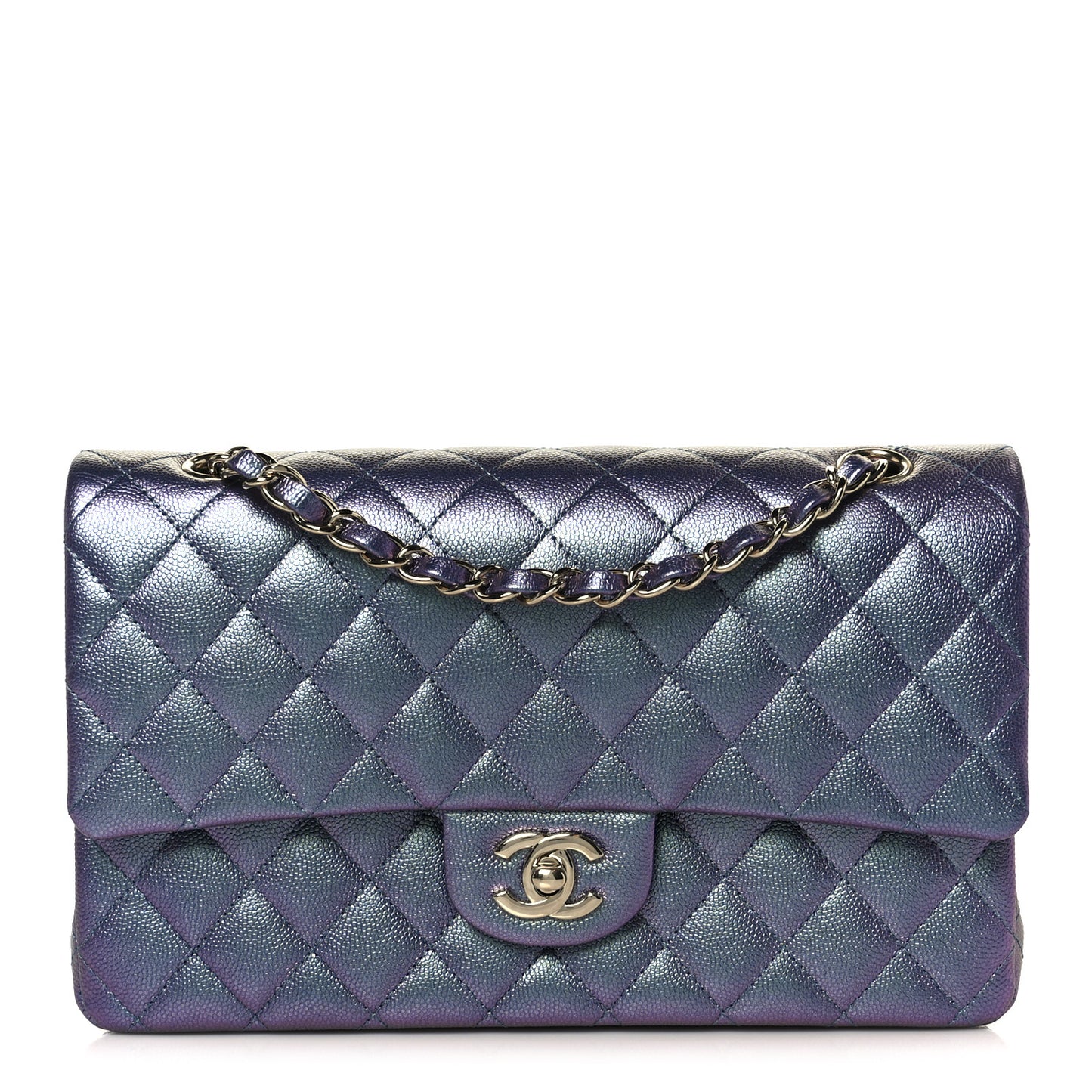 Iridescent Caviar Quilted Medium Double Flap Purple