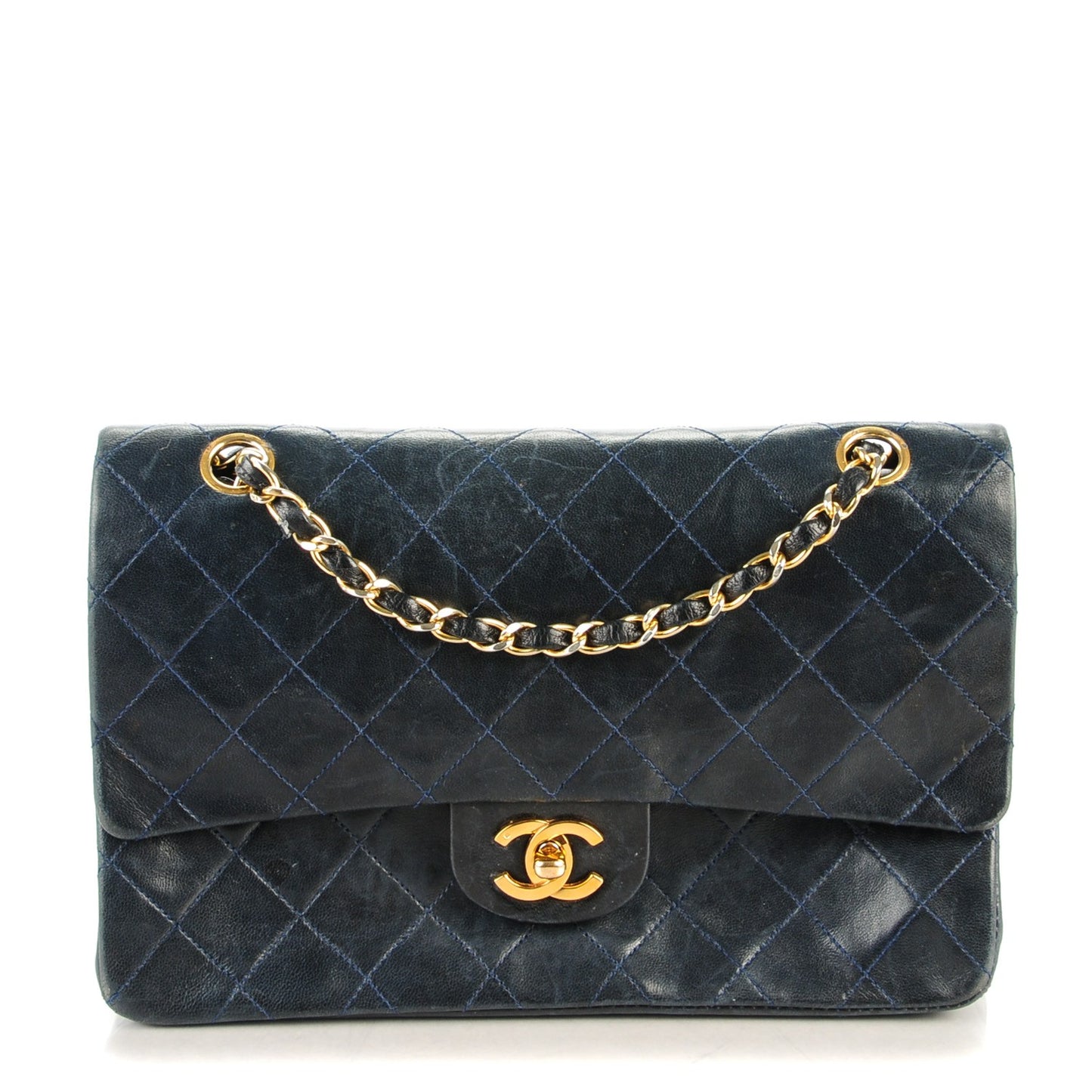 Lambskin Quilted Medium Double Flap Navy