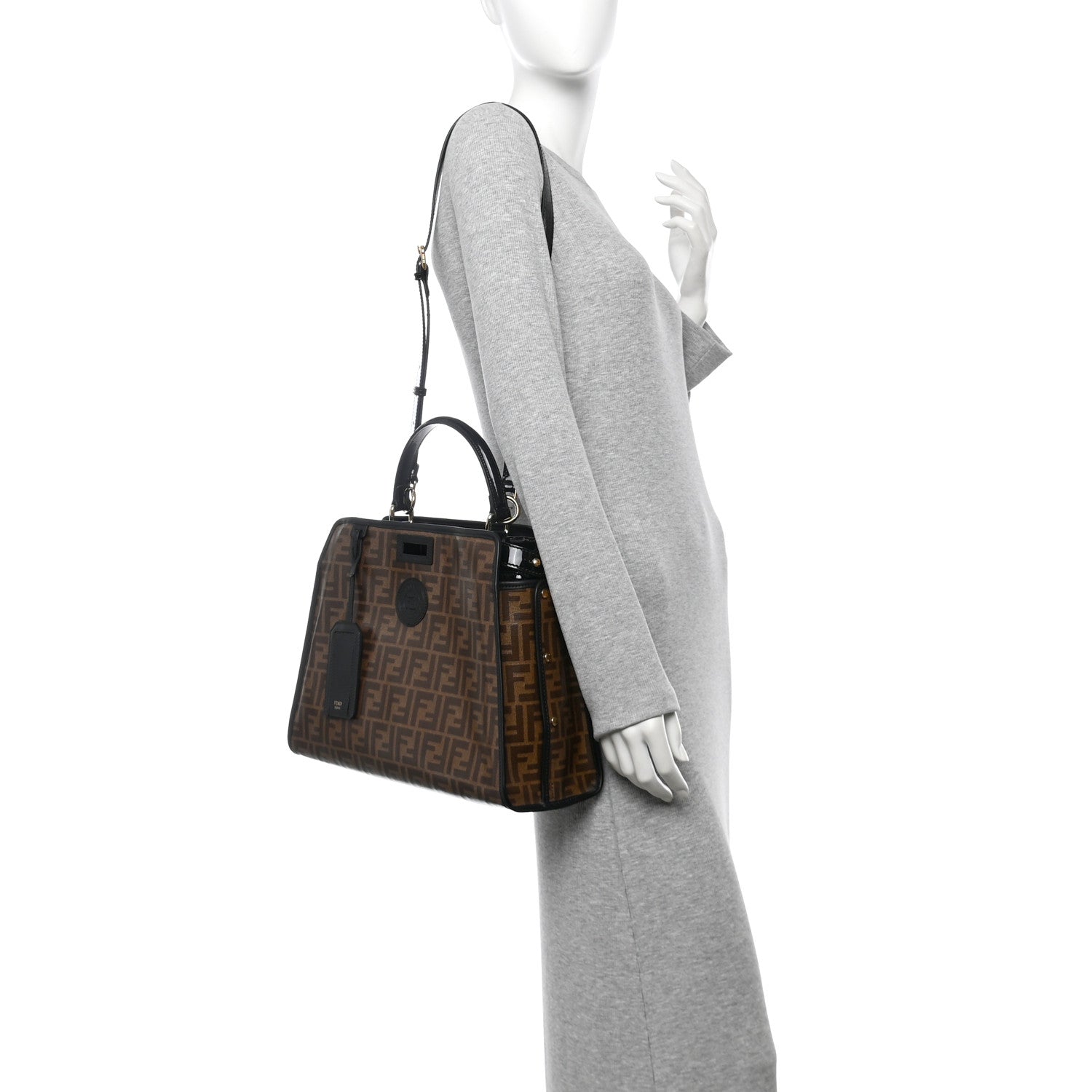 Fendi Patent Glazed Fabric FF 1974 Medium Peekaboo Iconic Defender Satchel Mogano Panna Black 2 of 12