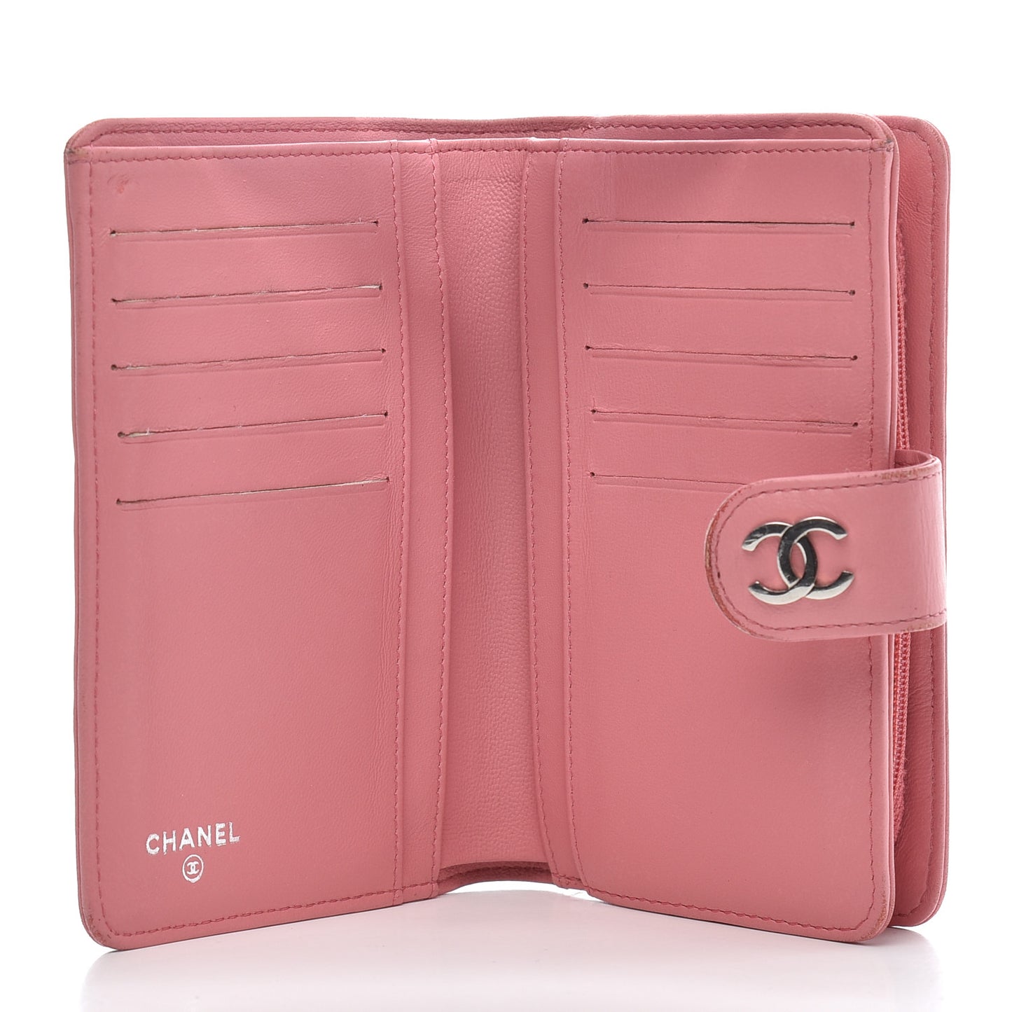 Lambskin Camellia Embossed L-Zip Pocket Wallet Pink