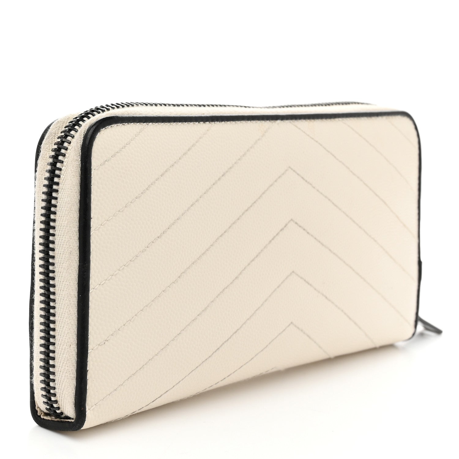 Saint Laurent Grain De Poudre Matelasse Chevron Monogram Zip Around Wallet Porcellana Black 3 of 6