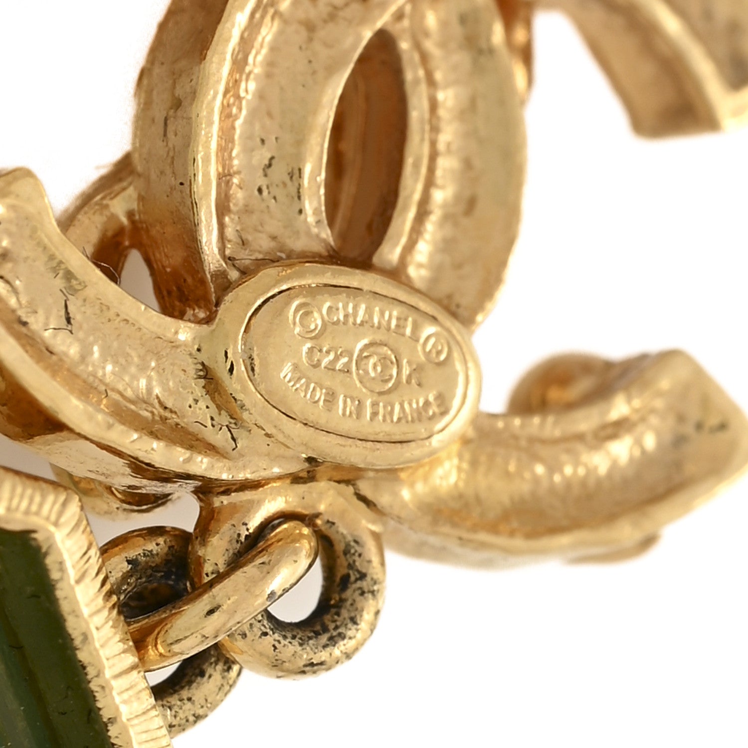 Chanel Crystal Pearl Glitter CC Drop Earrings Gold Green 4 of 5
