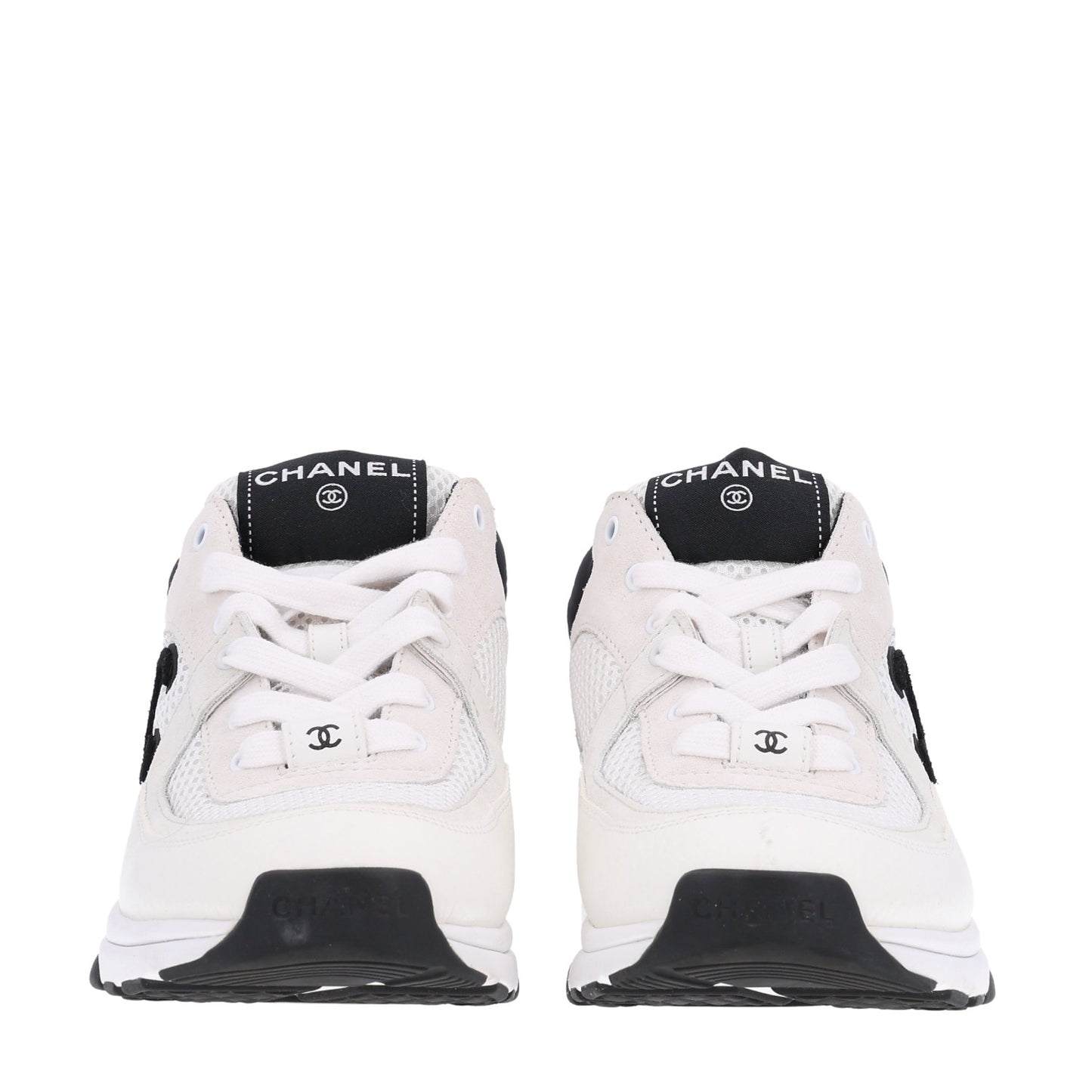 Mesh Suede Calfskin Grained Calfskin Womens CC Sneakers 38 White Black