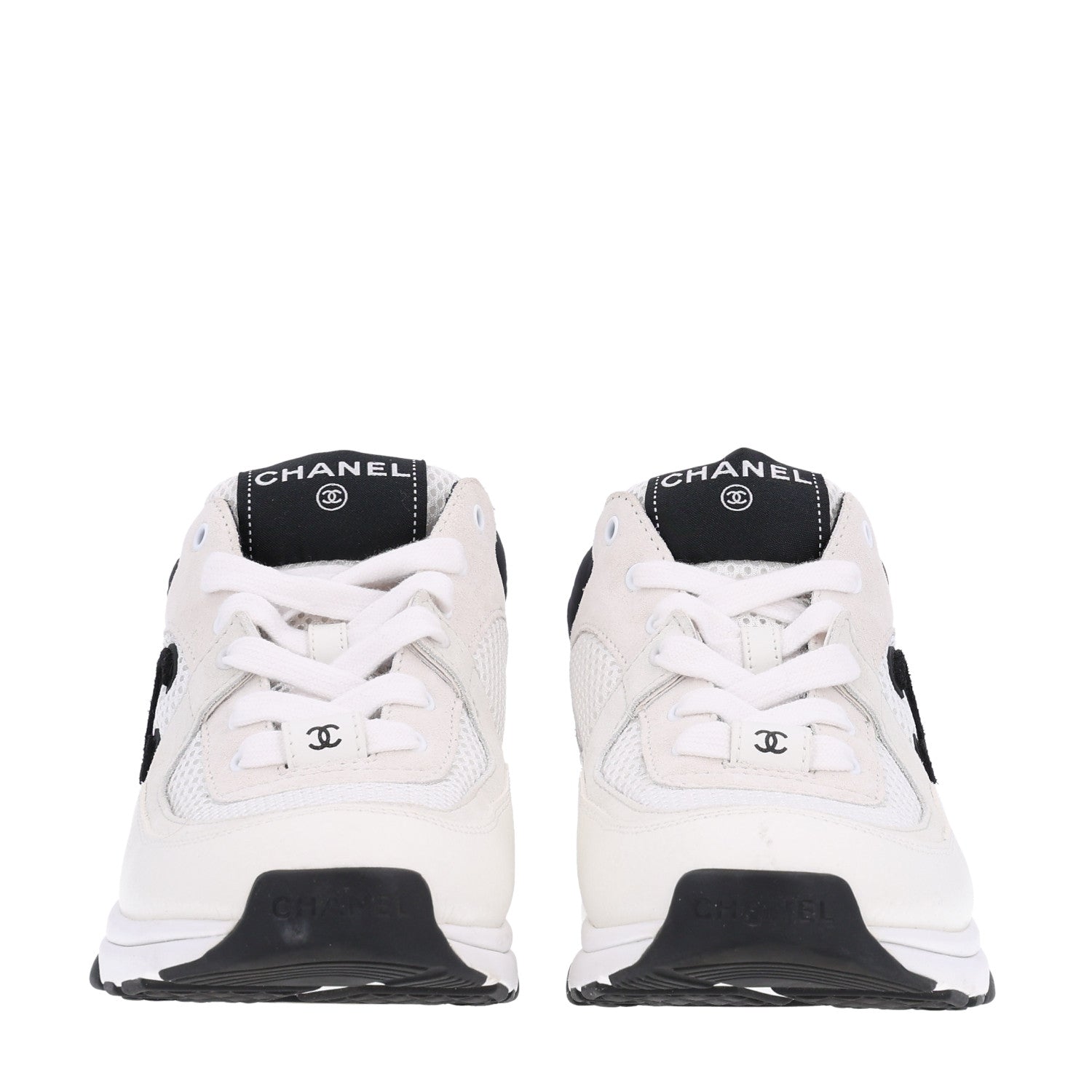 Chanel Mesh Suede Calfskin Grained Calfskin Womens CC Sneakers 38 White Black 3 of 10