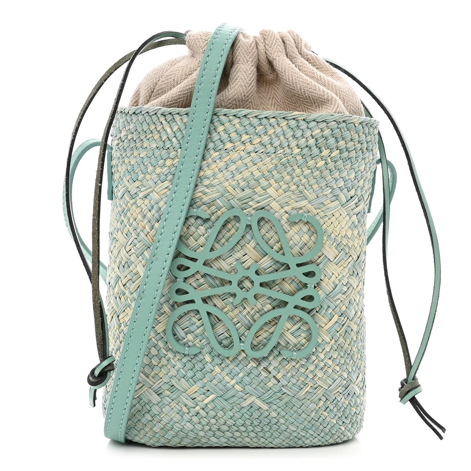 Loewe Iraca Palm Calfskin Anagram Square Pocket Bucket Bag Natural Fresh Mint 1 of 10