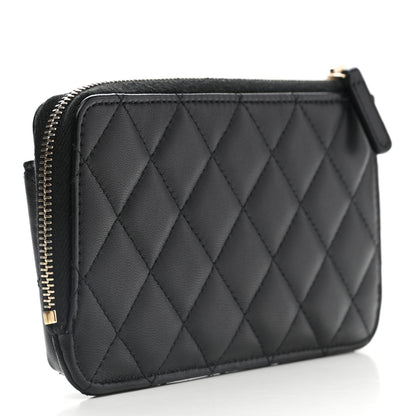 Chanel Lambskin Quilted Phone Holder Zip Clutch Black 3 of 8